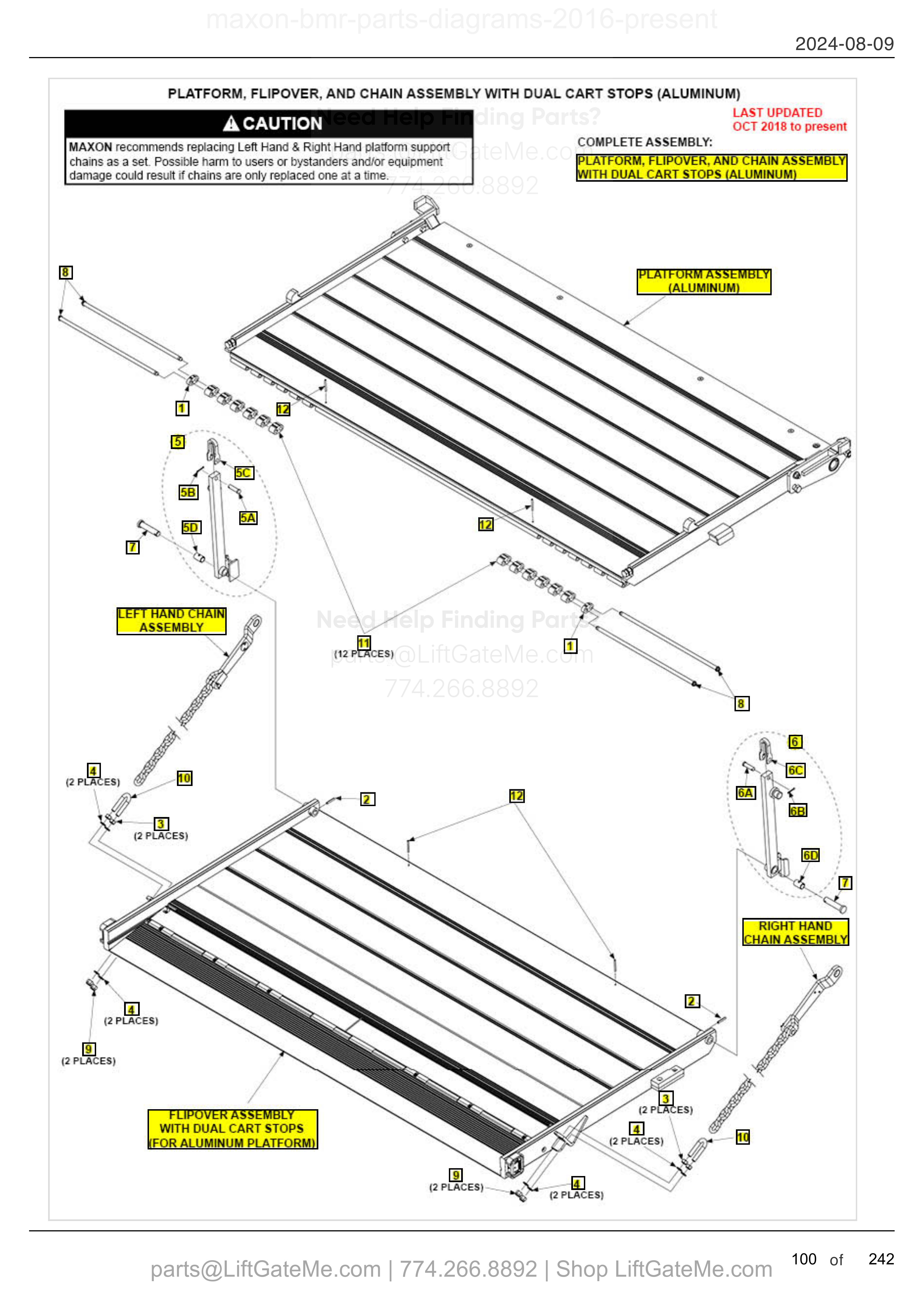 PLATFORM, FLIPOVER, AND CHAIN ASSEMBLY WITH DUAL CART STOPS (ALUMINUM) diagram