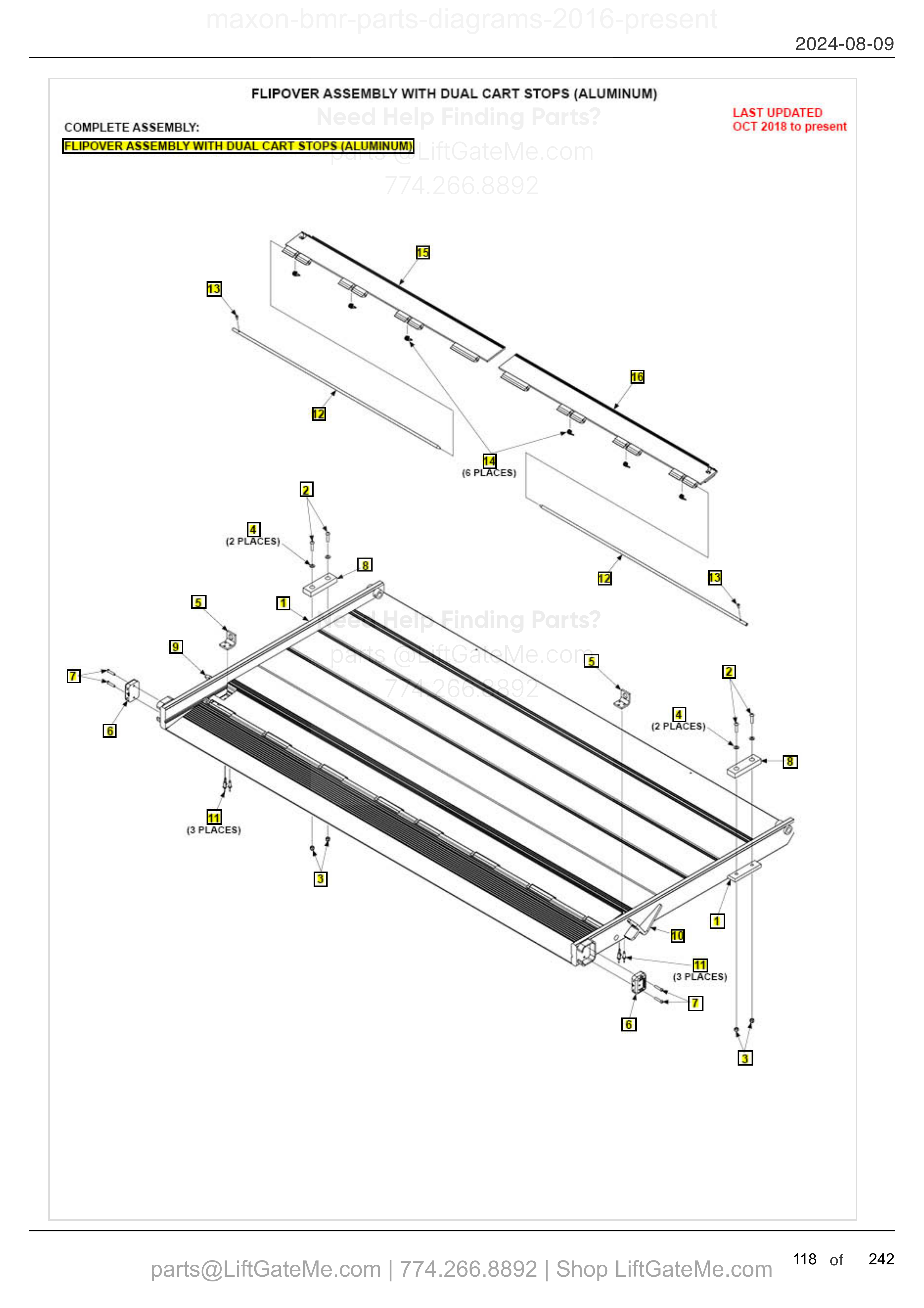 FLIPOVER ASSEMBLY WITH DUAL CART STOPS (ALUMINUM) diagram