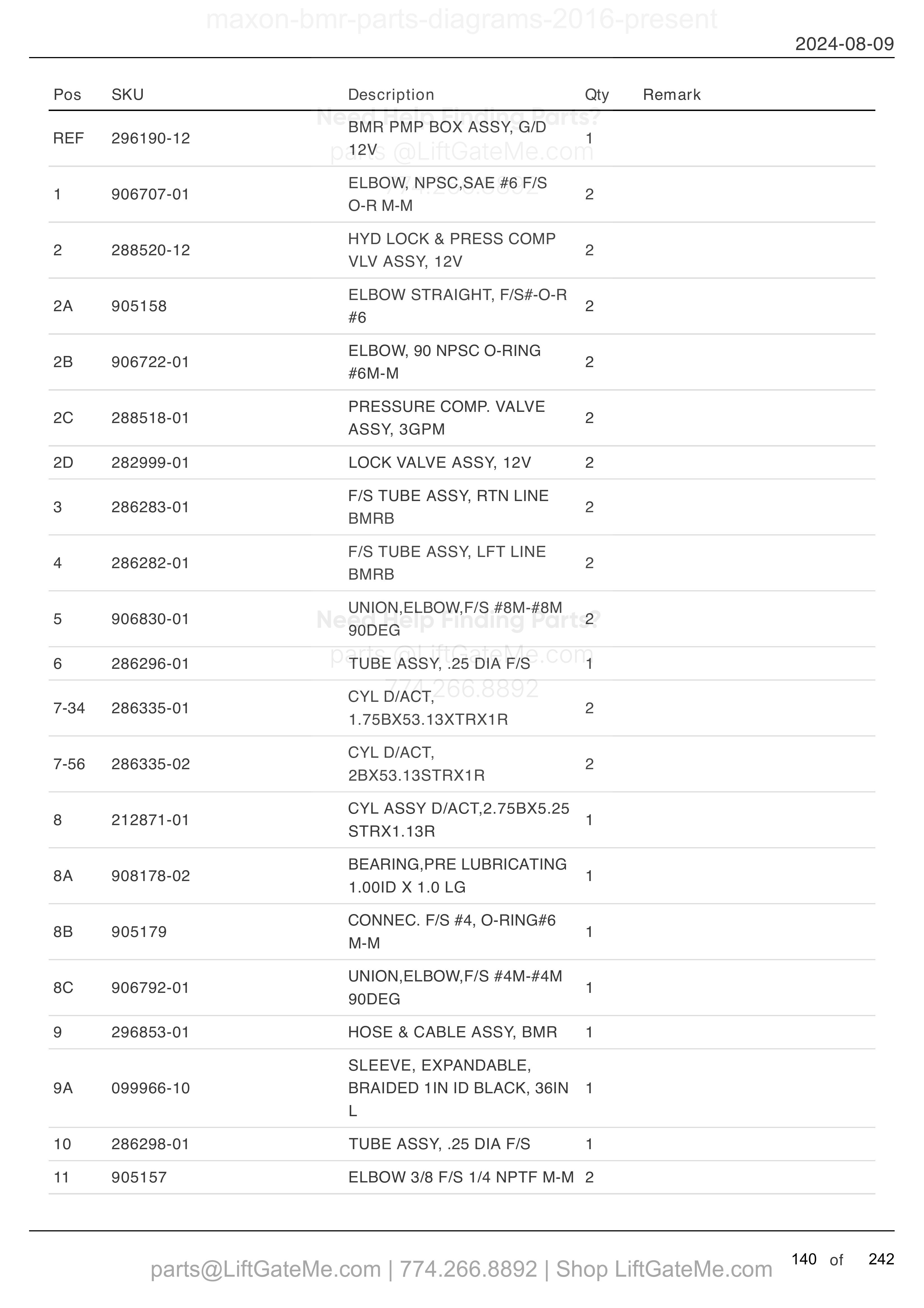 HYDRAULIC SYSTEMS - GRAVITY DOWN (MTE HYDRAULICS) parts table