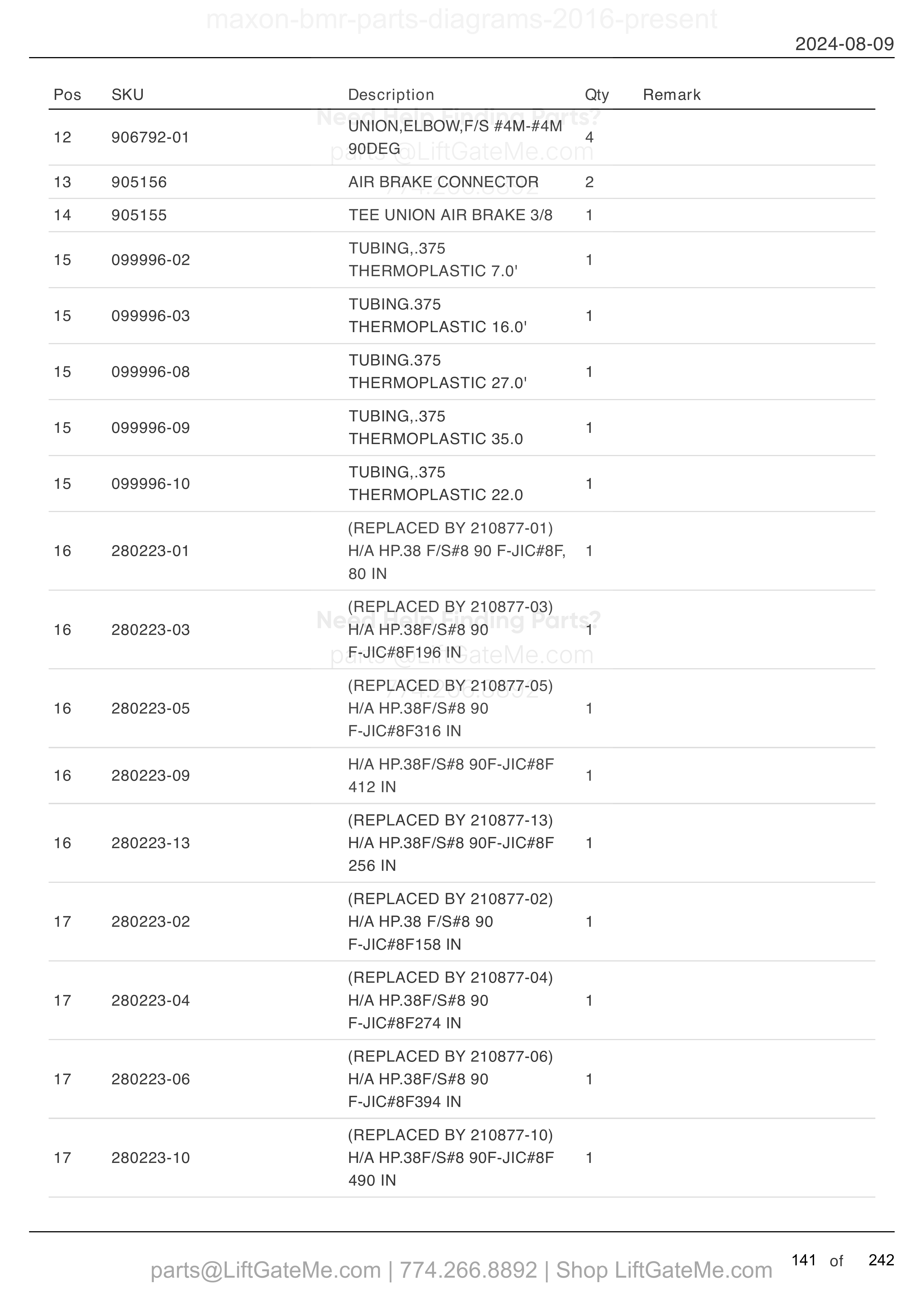HYDRAULIC SYSTEMS - GRAVITY DOWN (MTE HYDRAULICS) (continued) parts table