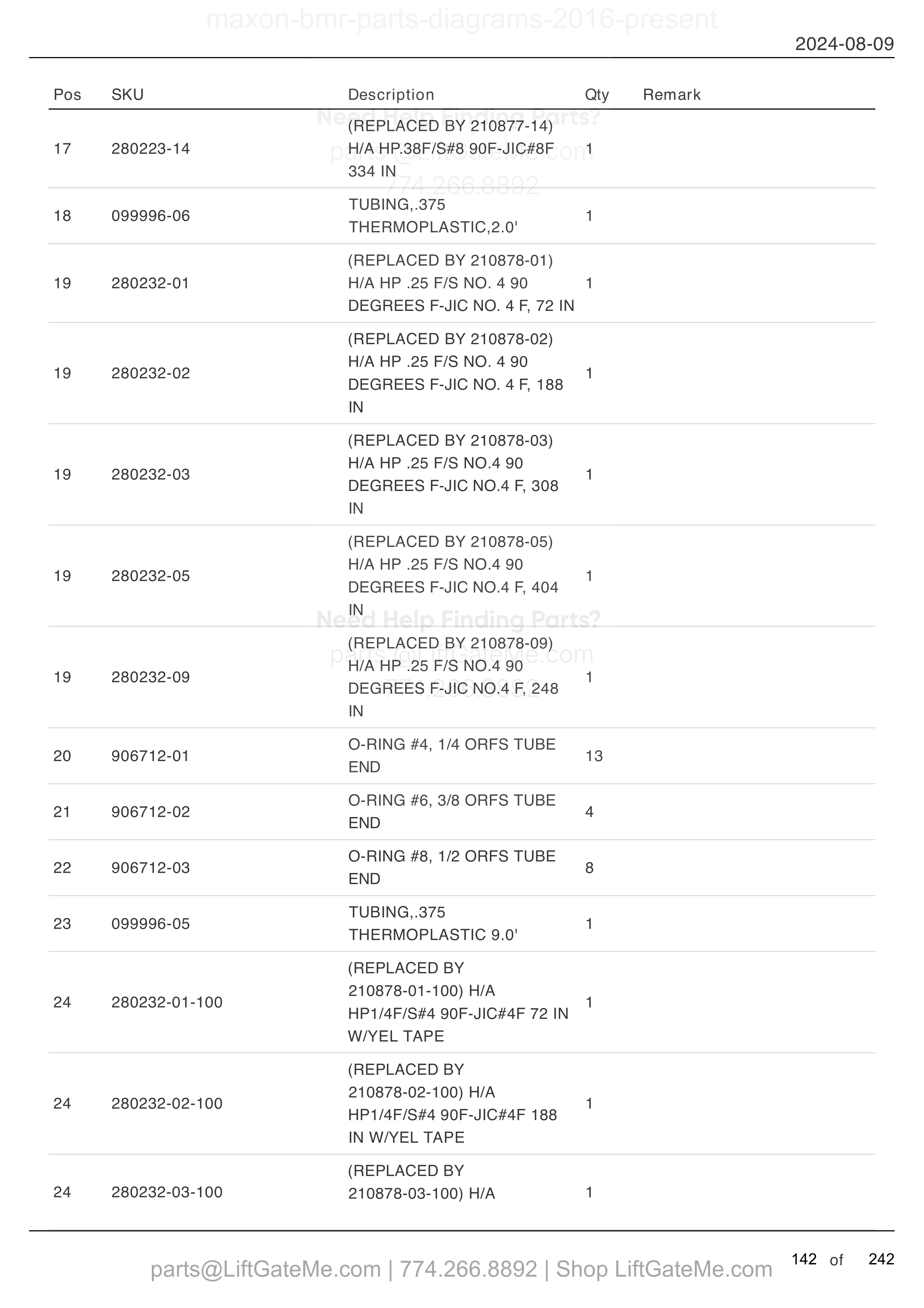 HYDRAULIC SYSTEMS - GRAVITY DOWN (MTE HYDRAULICS) (continued) parts table