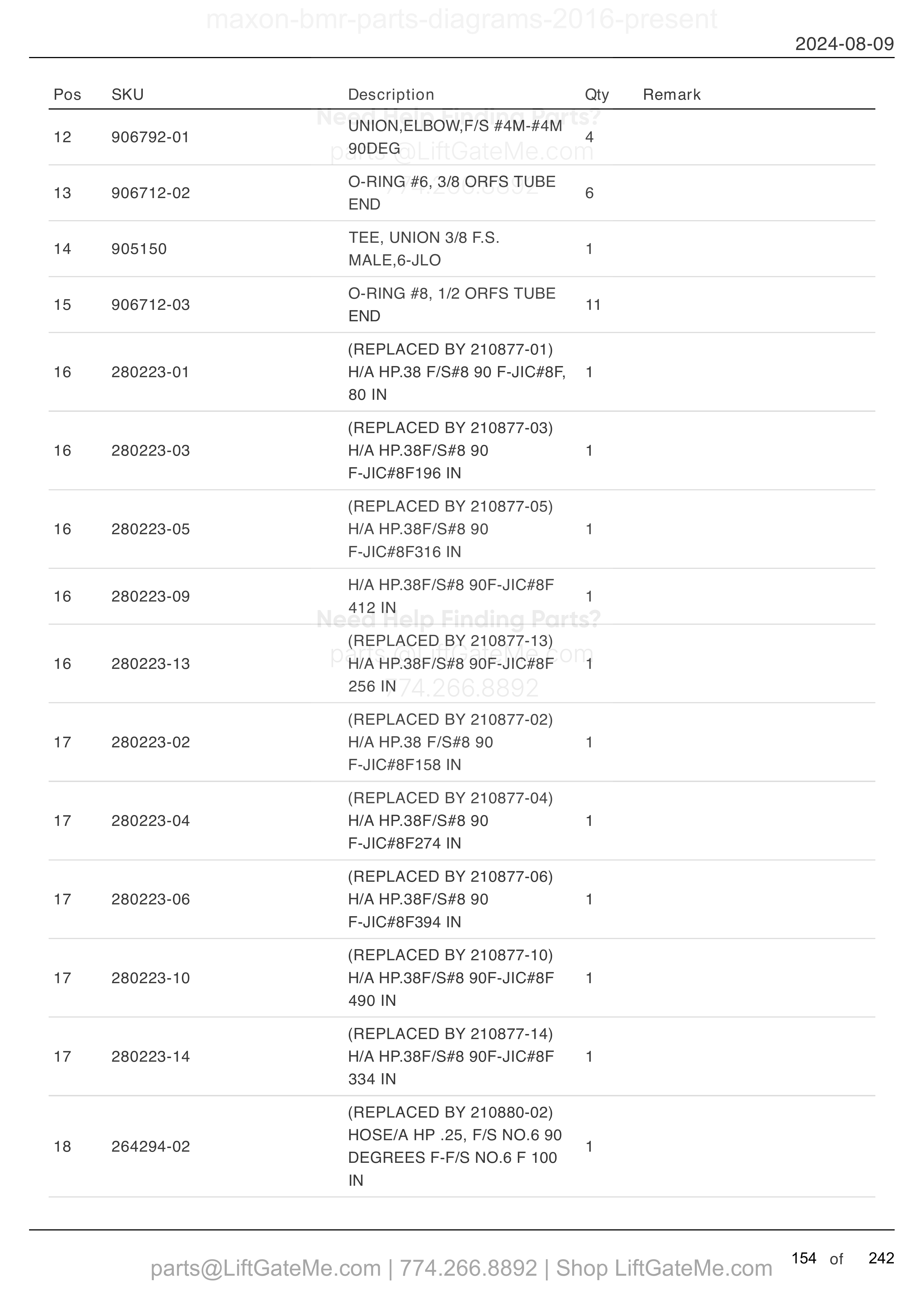 HYDRAULIC SYSTEMS - POWER DOWN (MTE HYDRAULICS) (continued) parts table