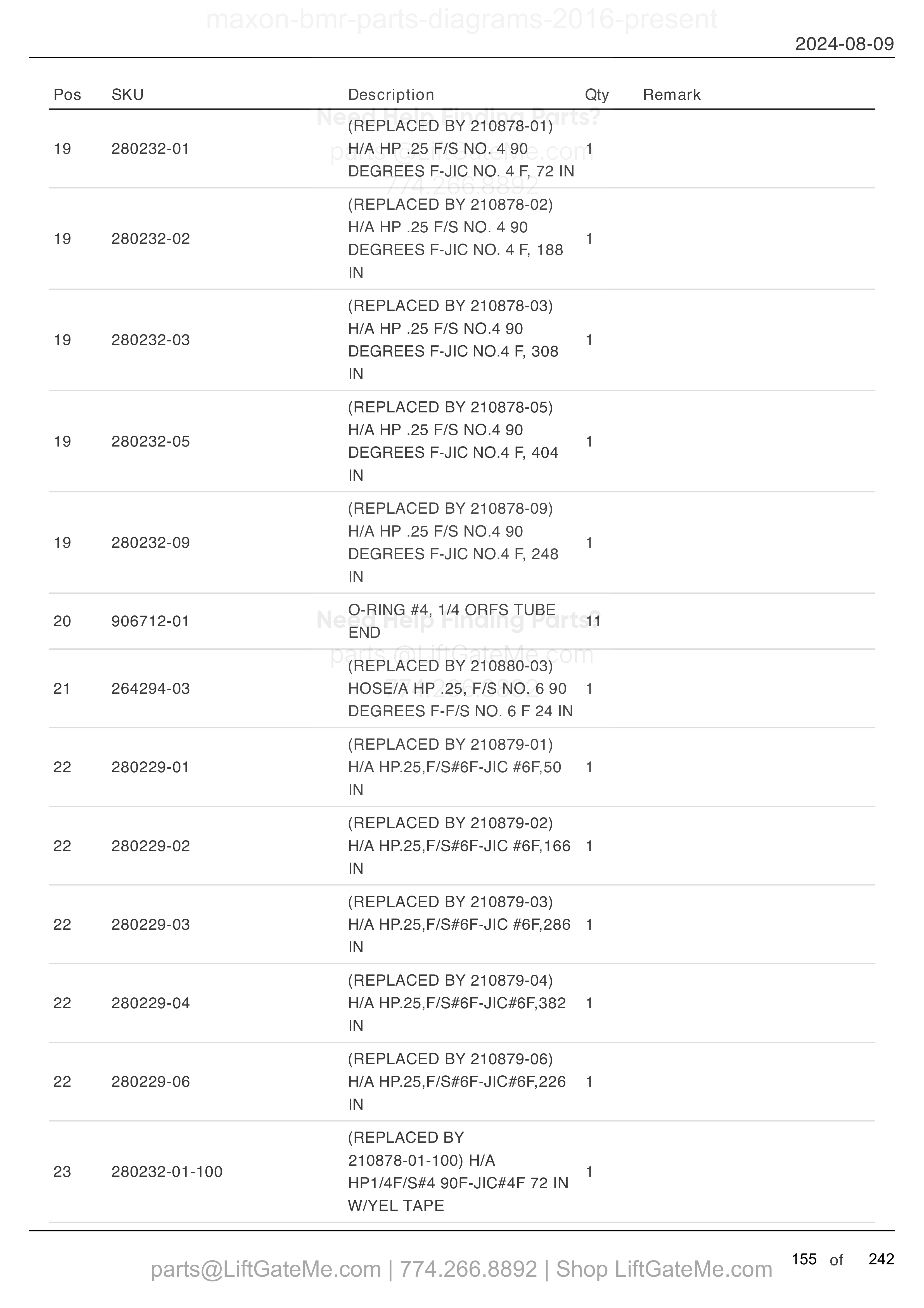 HYDRAULIC SYSTEMS - POWER DOWN (MTE HYDRAULICS) (continued) parts table