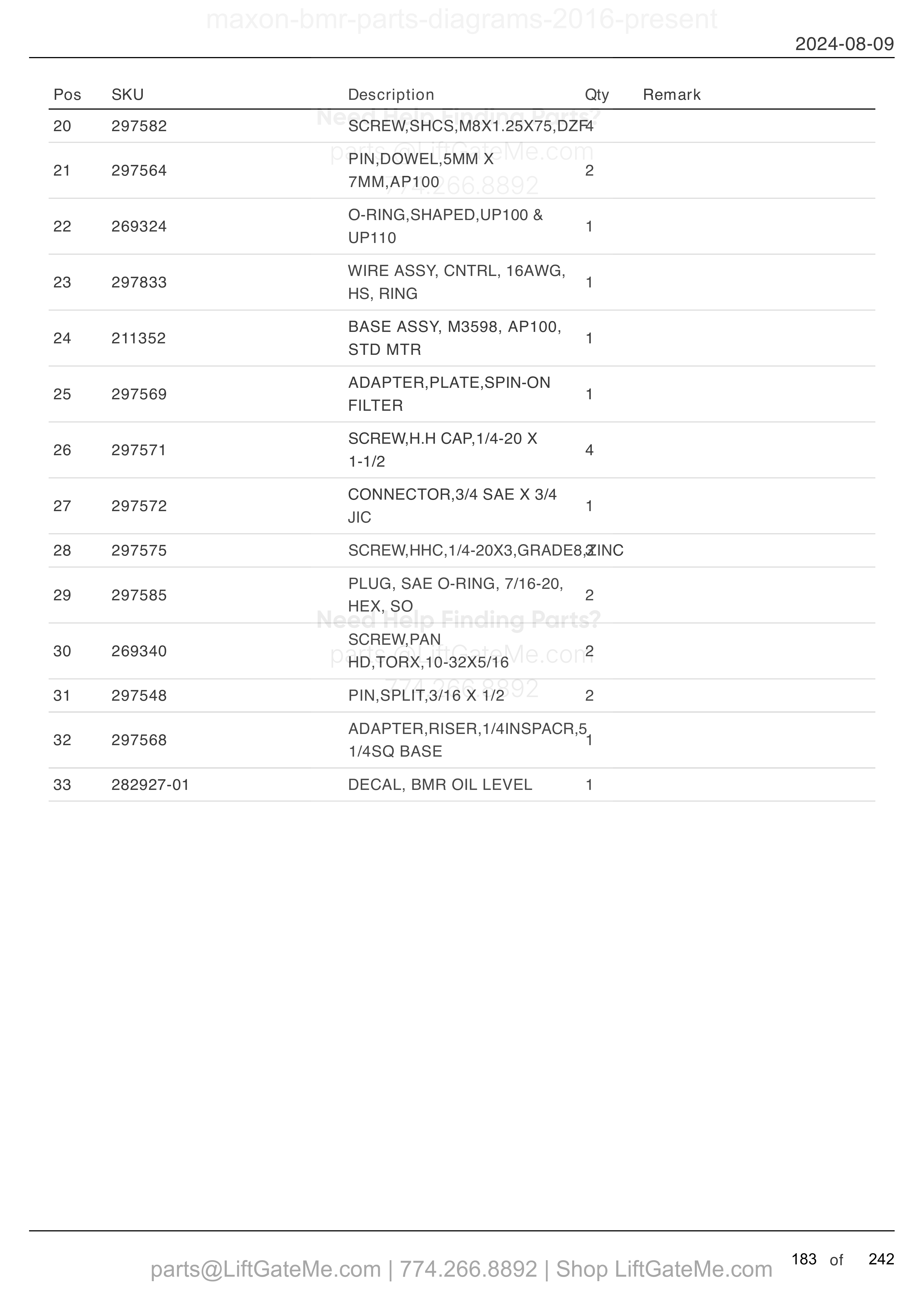 12 VDC POWER UNIT - GRAVITY DOWN (continued) parts table