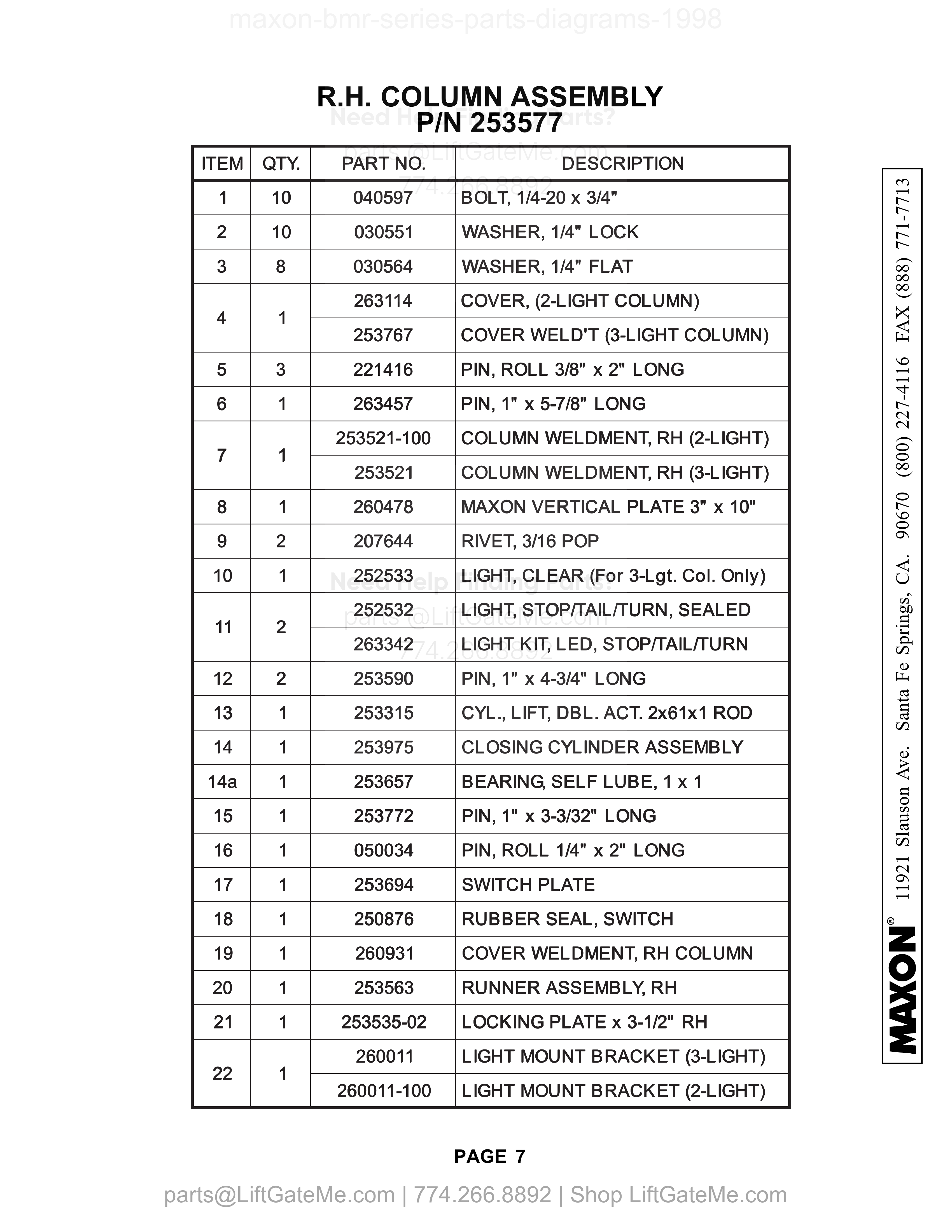 R.H. COLUMN ASSEMBLY parts table