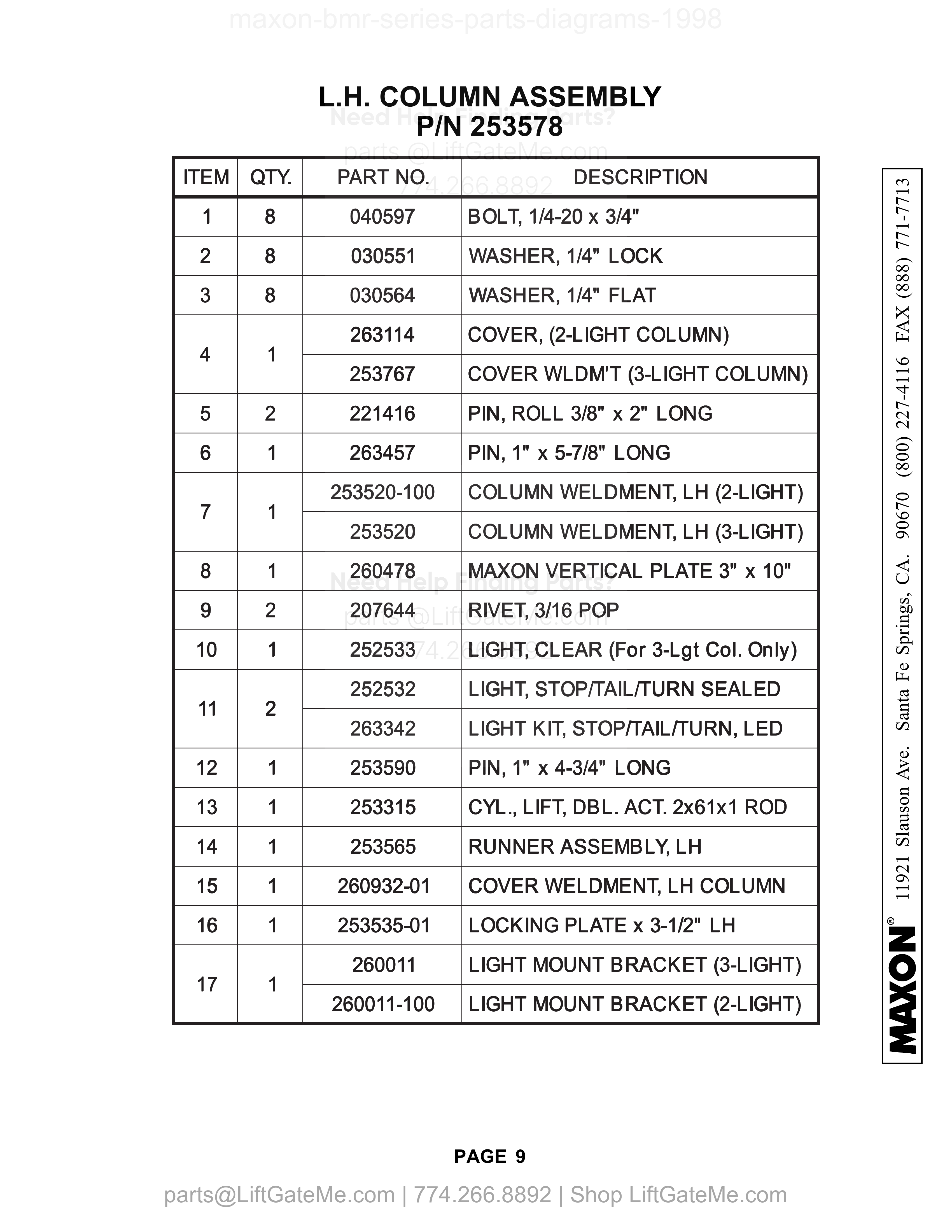 L.H. COLUMN ASSEMBLY parts table