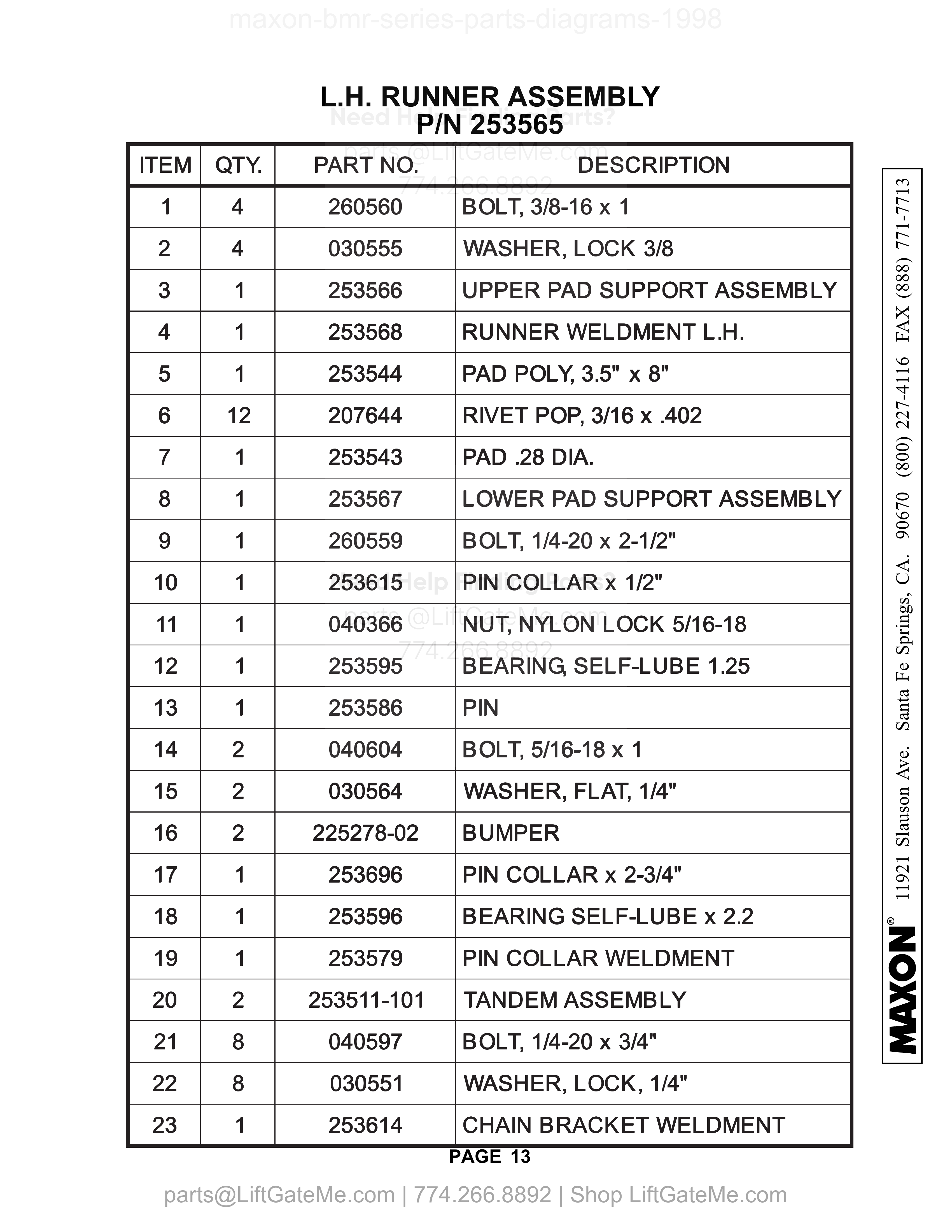 L.H. RUNNER ASSEMBLY parts table