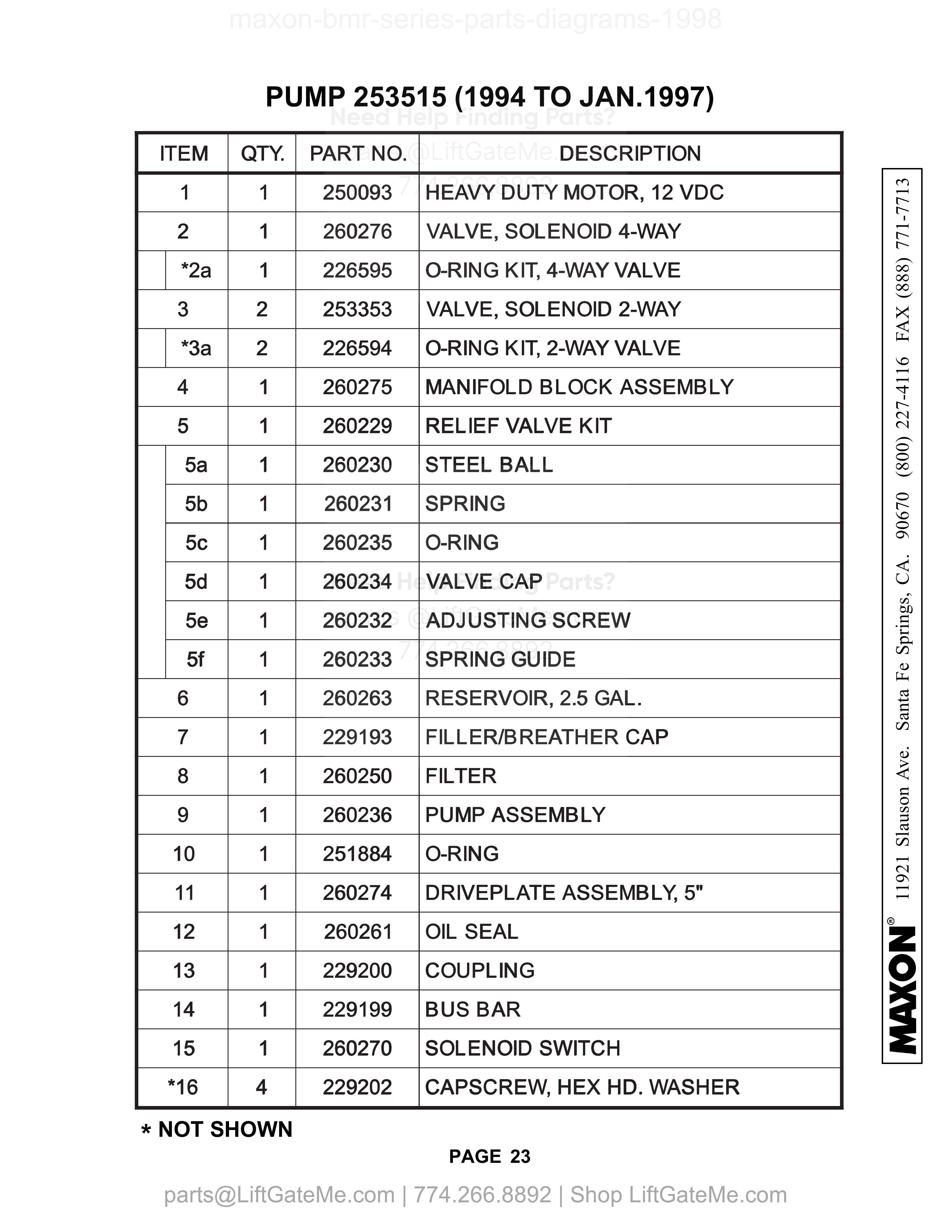 PUMP 253515 (1994 TO JAN.1997) parts table