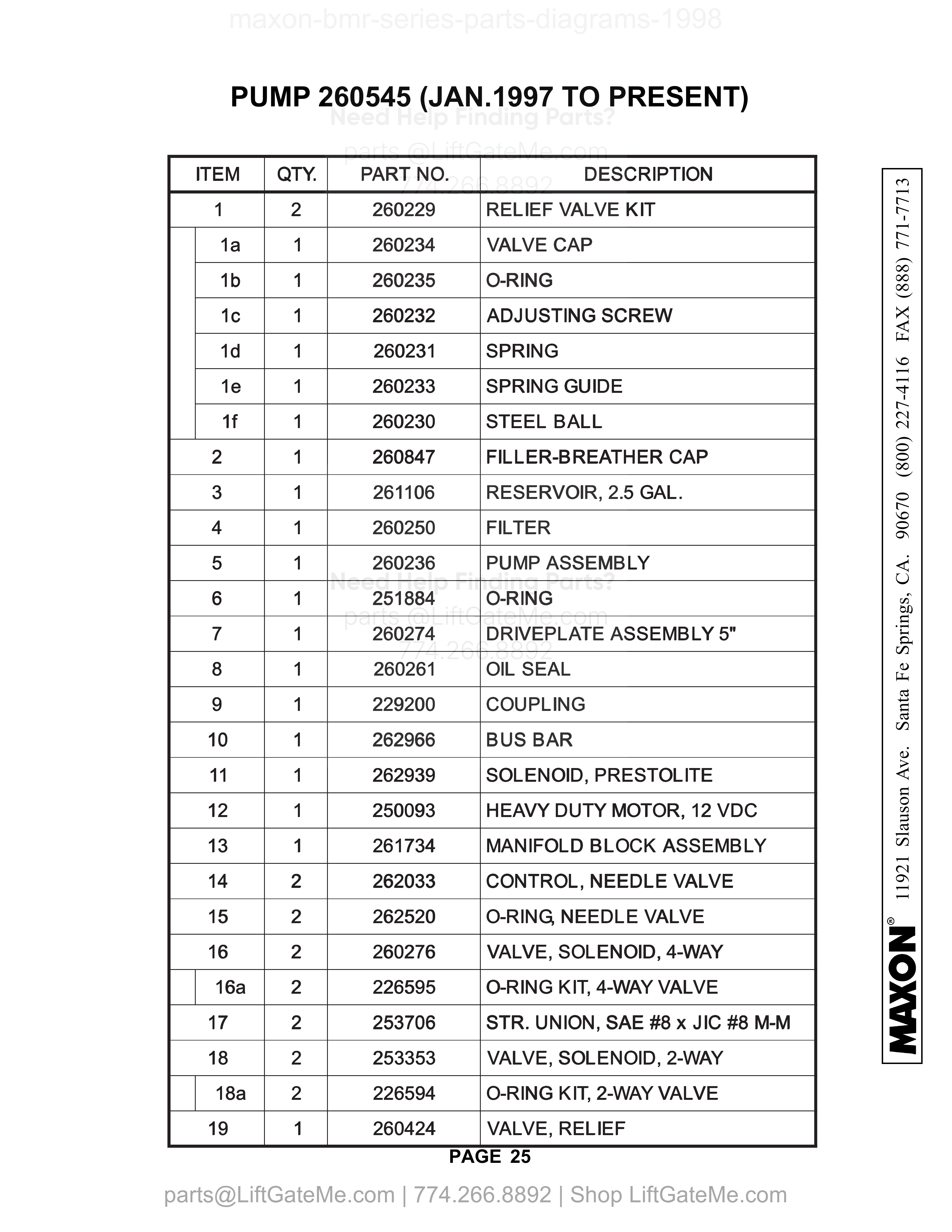 PUMP 260545 (JAN.1997 TO PRESENT) parts table