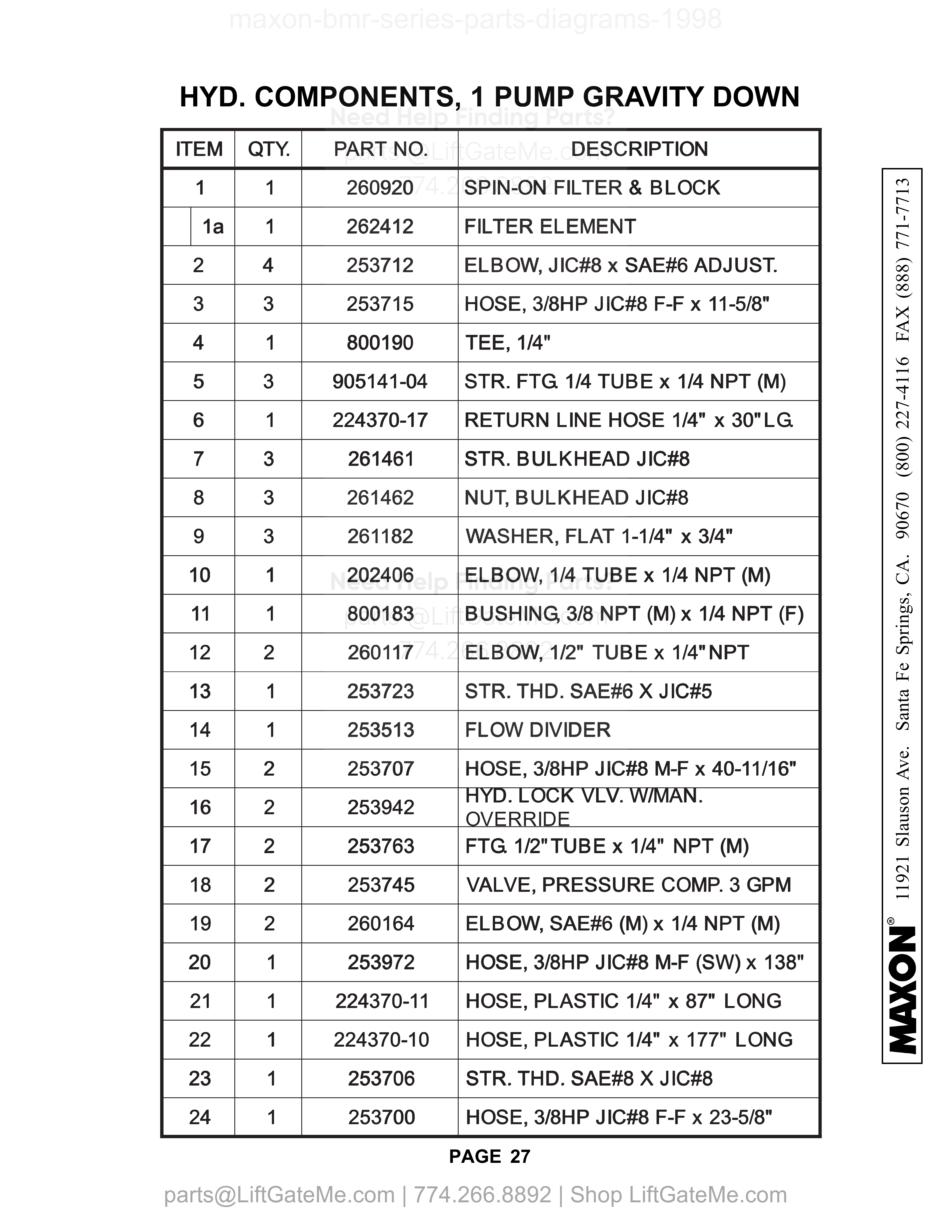 HYD. COMPONENTS, 1 PUMP GRAVITY DOWN parts table