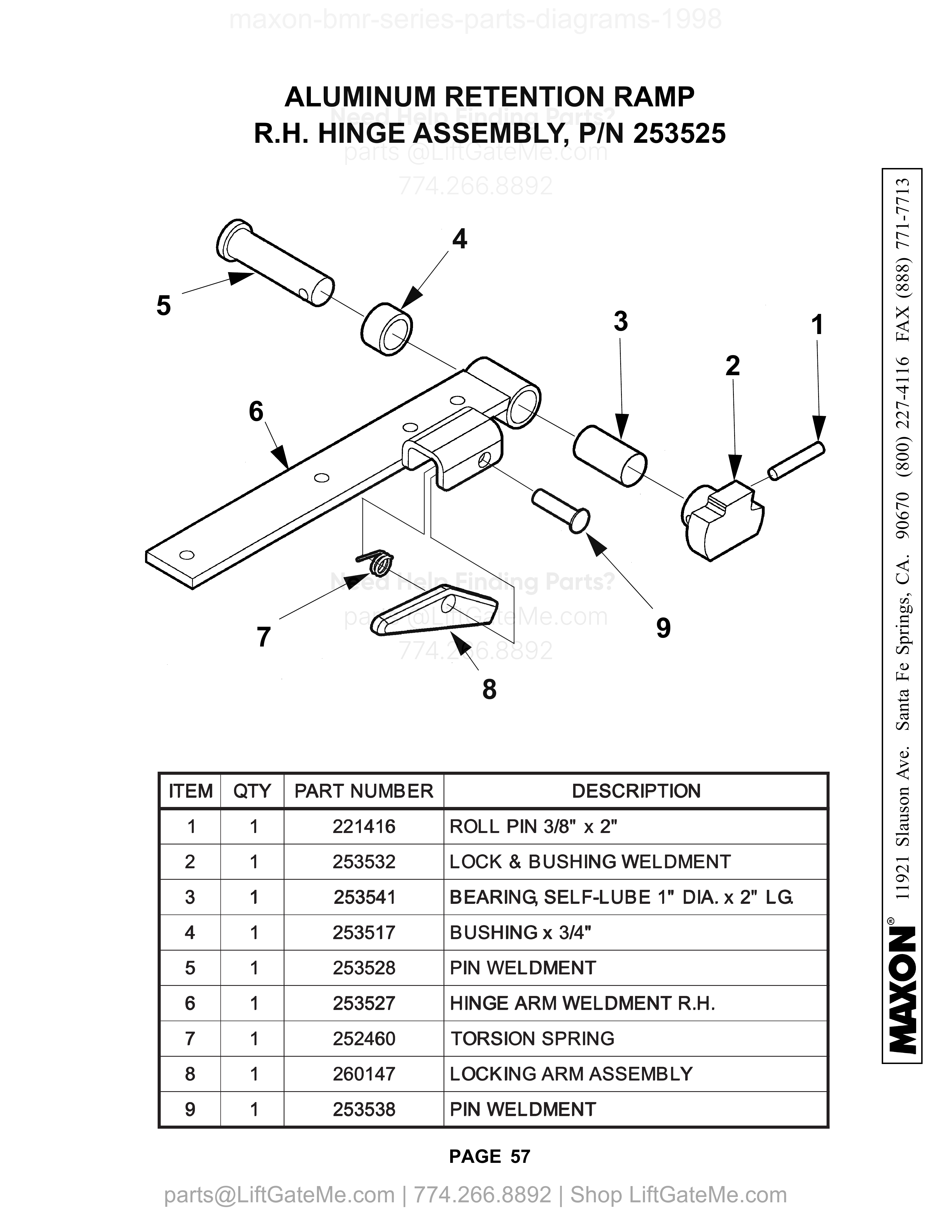 ALUMINUM RETENTION RAMP R.H. HINGE ASSEMBLY, P/N 253525 diagram