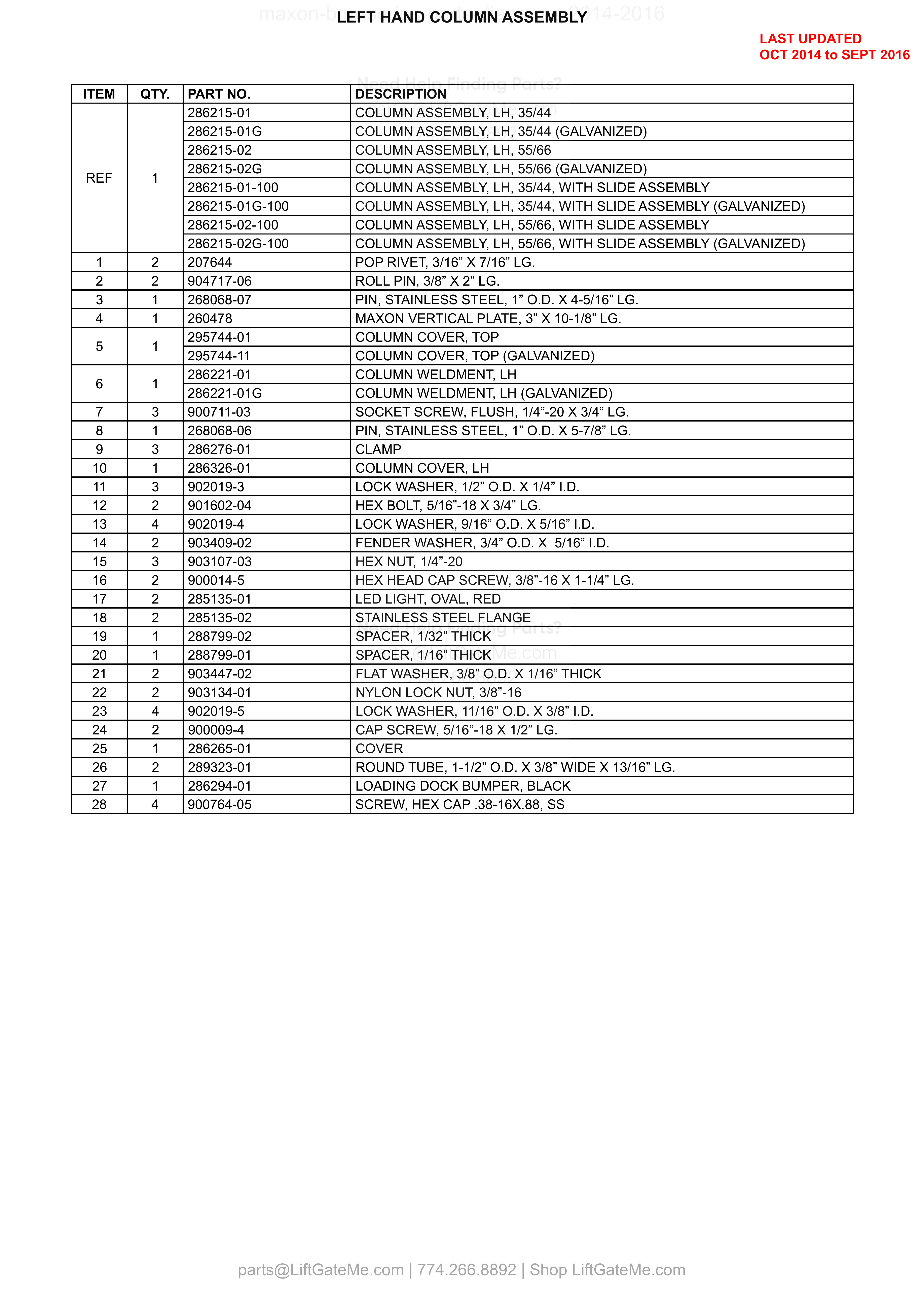 LEFT HAND COLUMN ASSEMBLY parts table