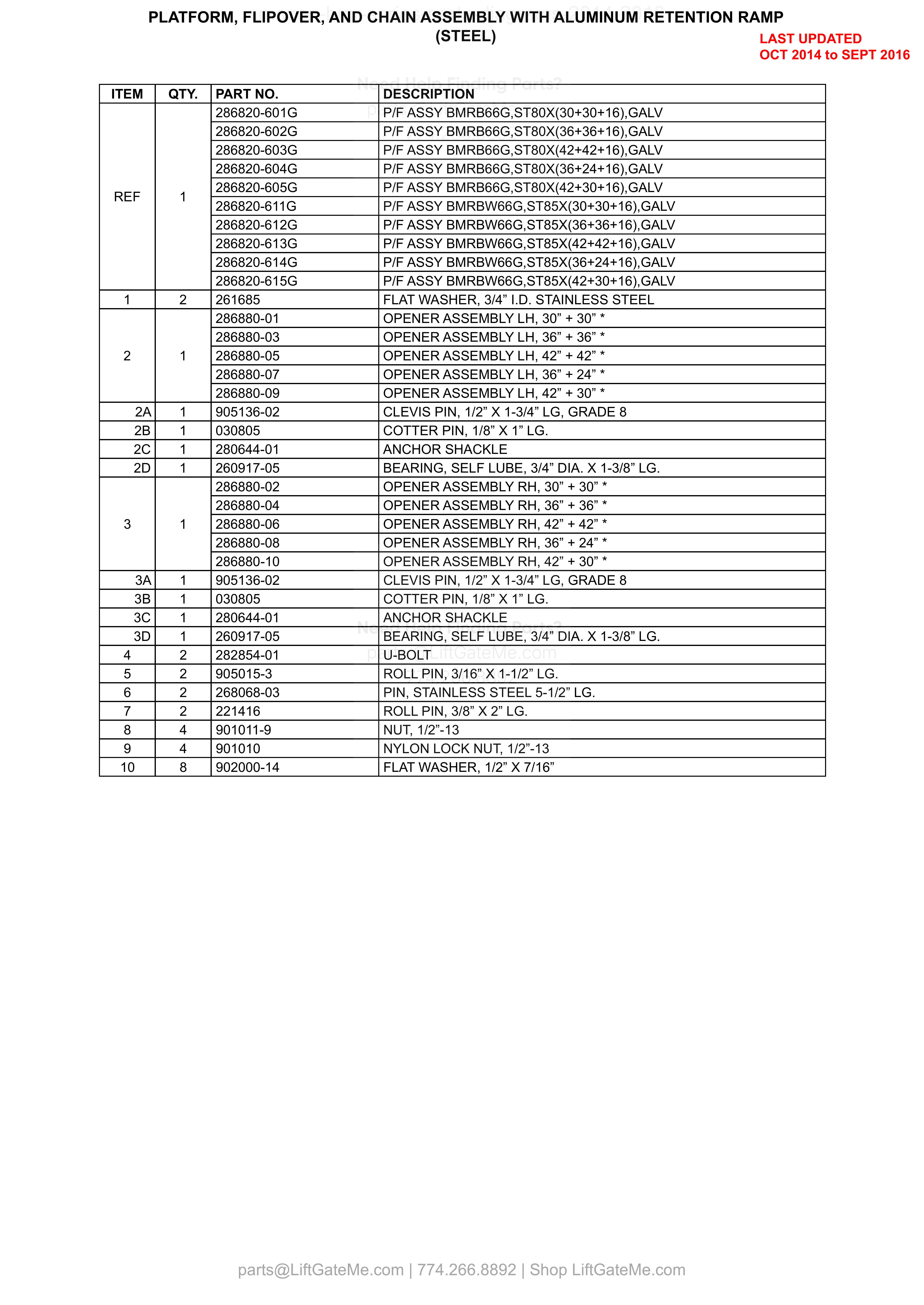 PLATFORM, FLIPOVER, AND CHAIN ASSEMBLY WITH ALUMINUM RETENTION RAMP (STEEL) parts table