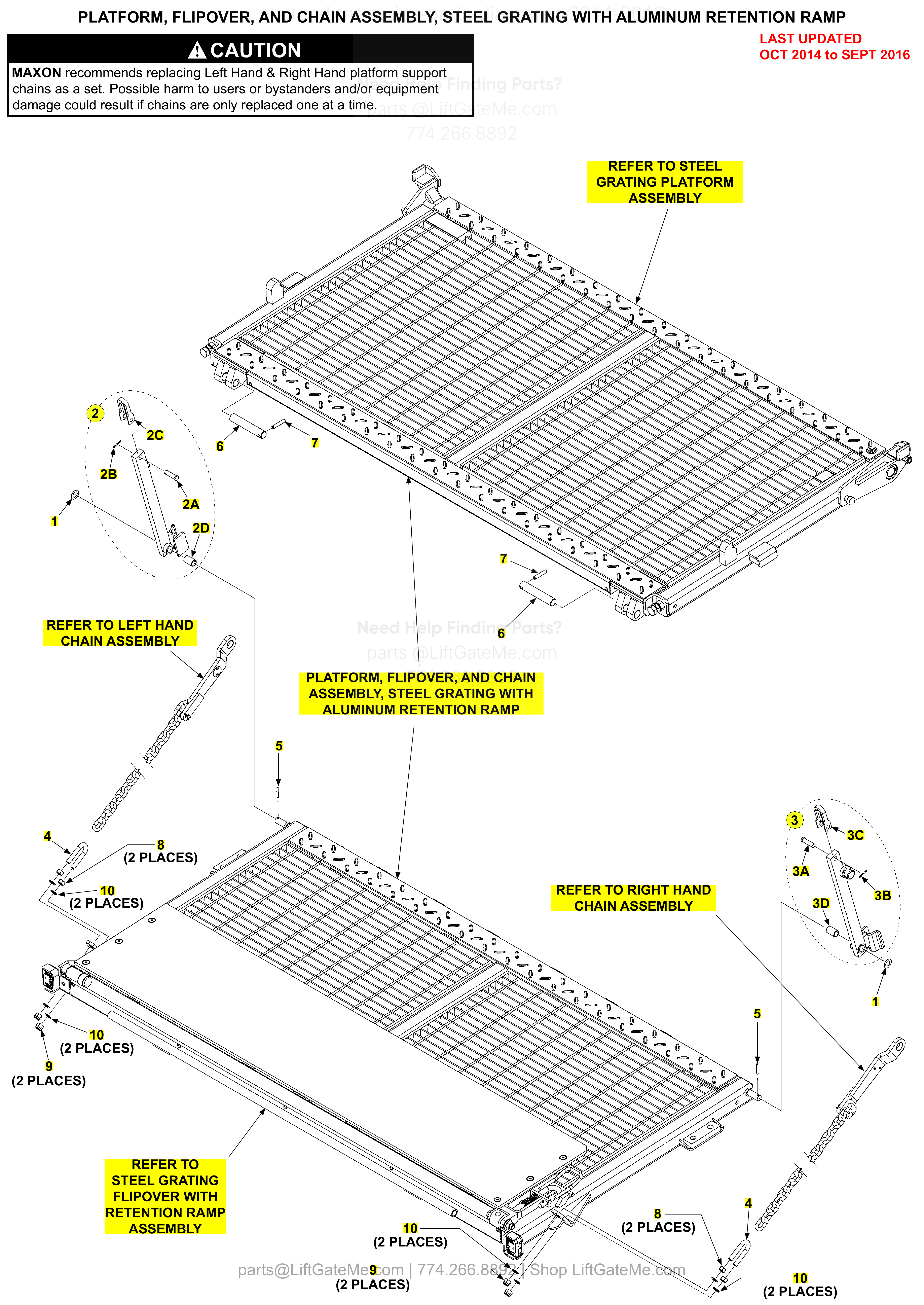 PLATFORM, FLIPOVER, AND CHAIN ASSEMBLY, STEEL GRATING WITH ALUMINUM RETENTION RAMP diagram