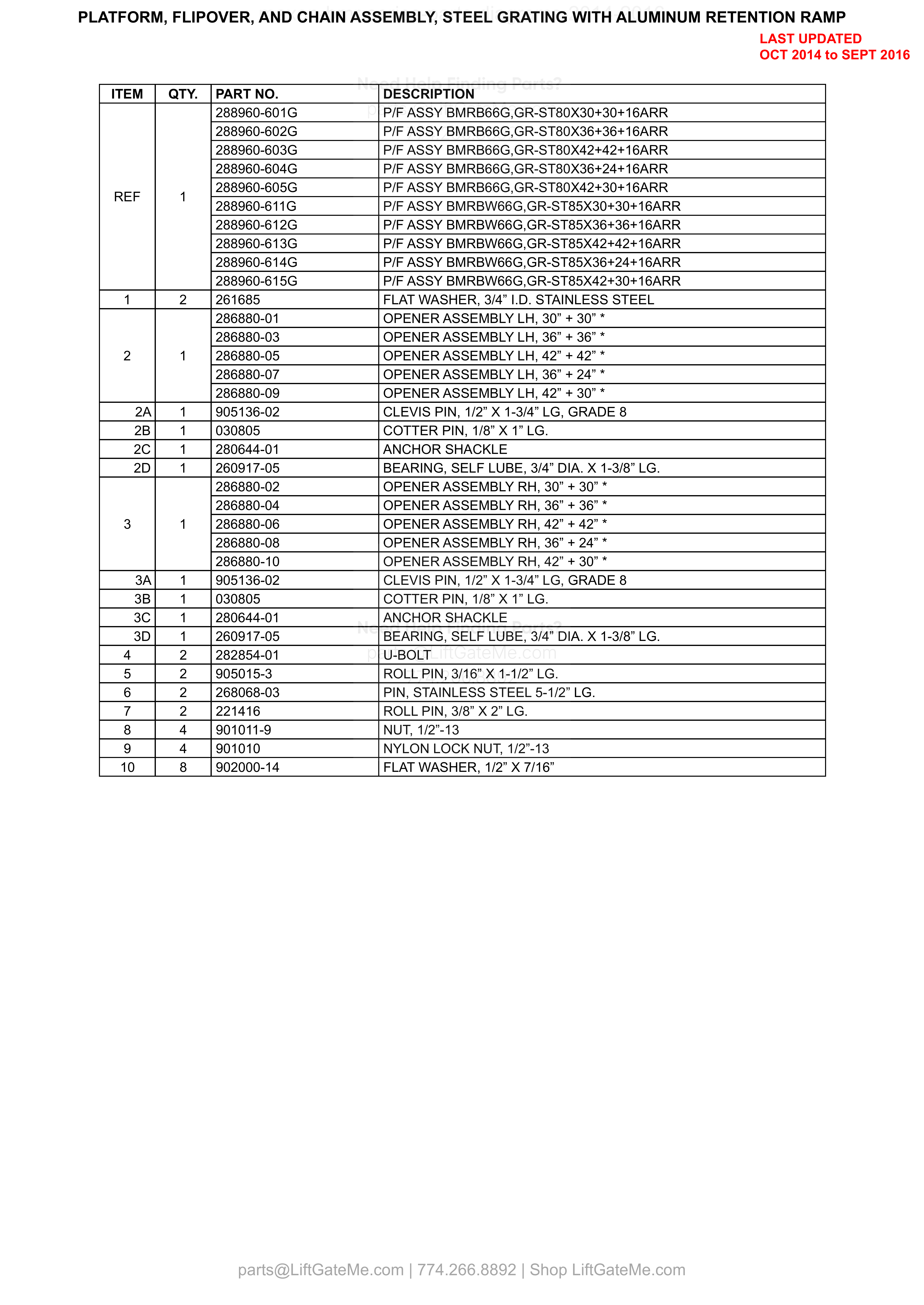 PLATFORM, FLIPOVER, AND CHAIN ASSEMBLY, STEEL GRATING WITH ALUMINUM RETENTION RAMP parts table