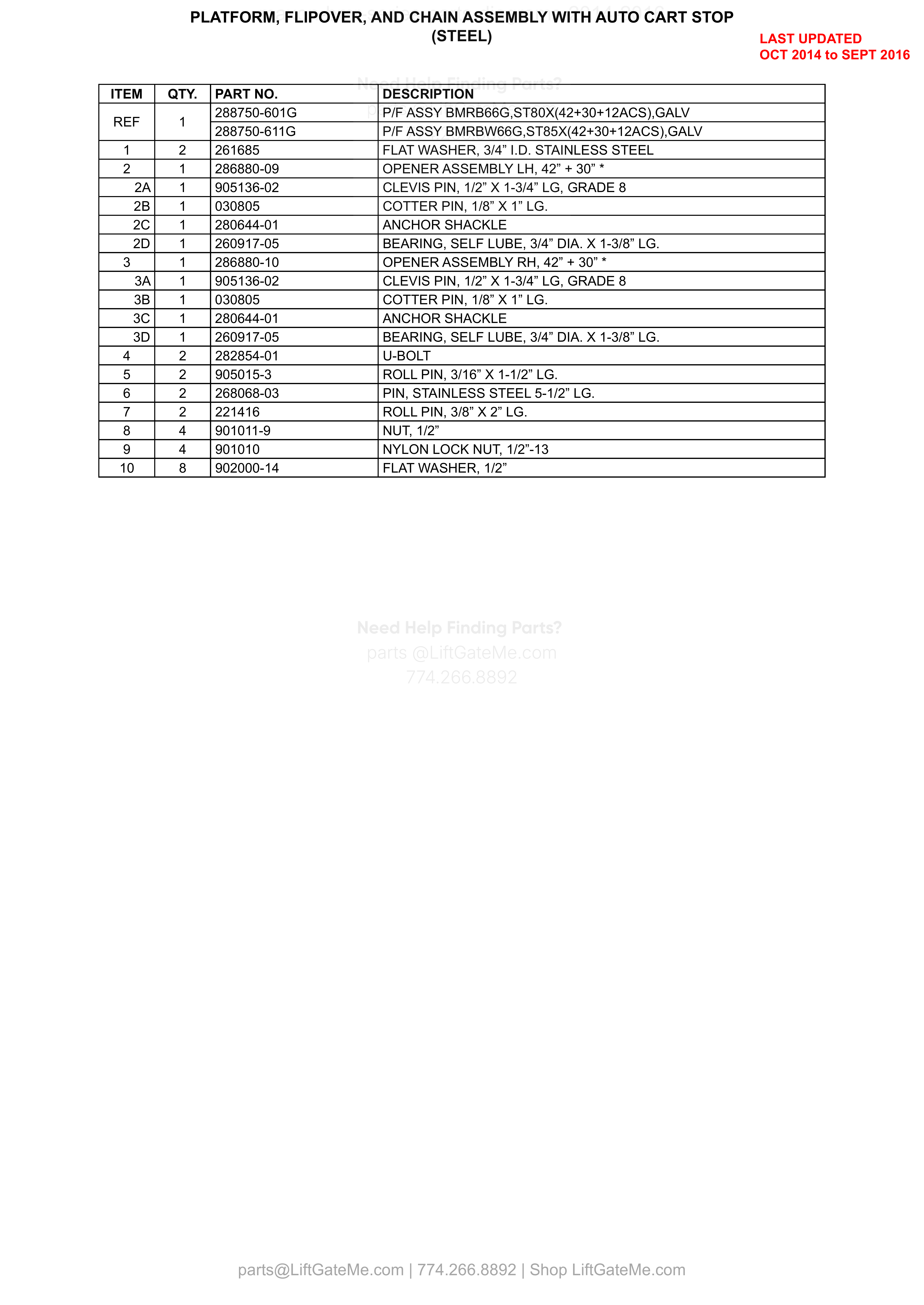 PLATFORM, FLIPOVER, AND CHAIN ASSEMBLY WITH AUTO CART STOP (STEEL) parts table