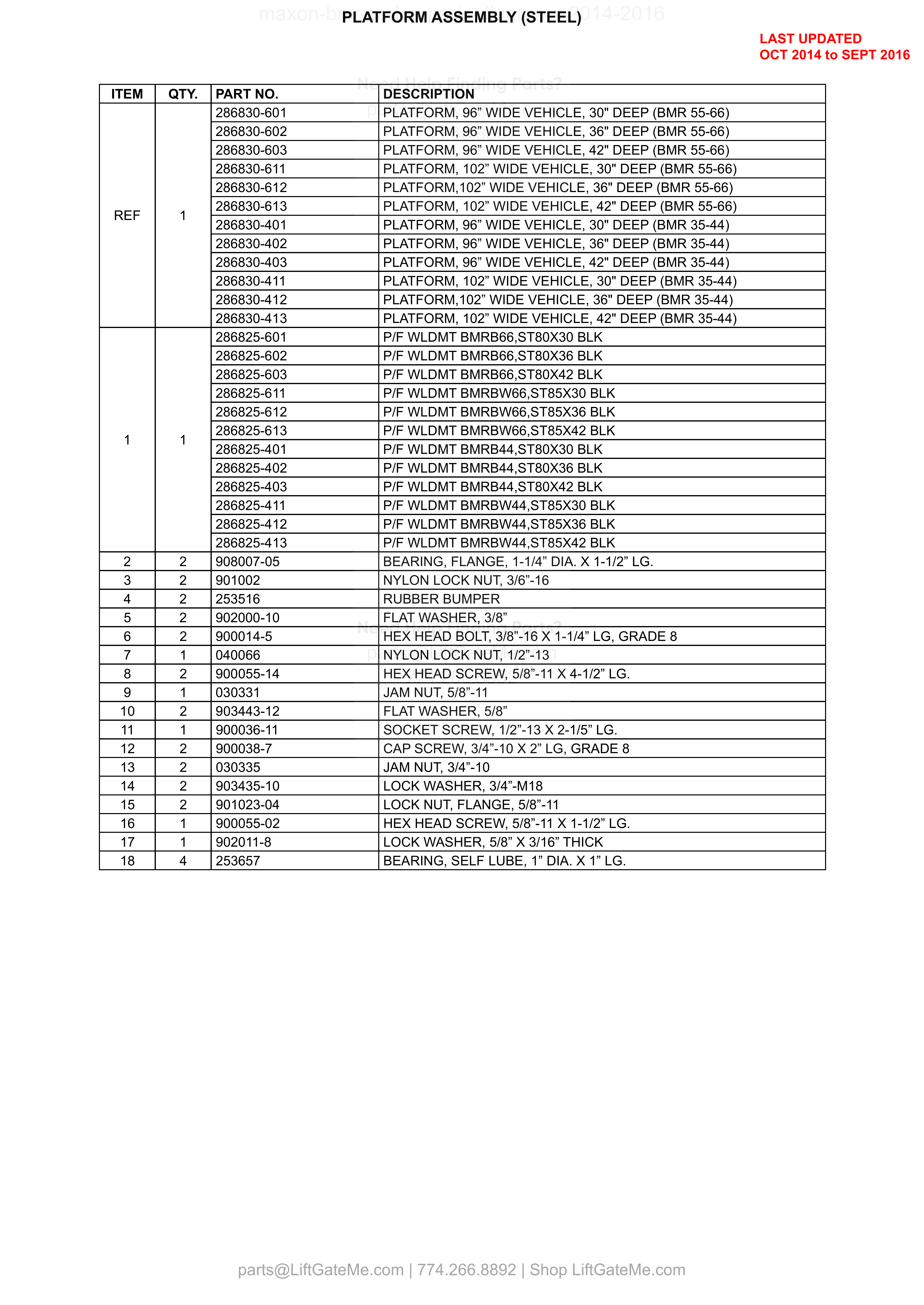 PLATFORM ASSEMBLY (STEEL) parts table