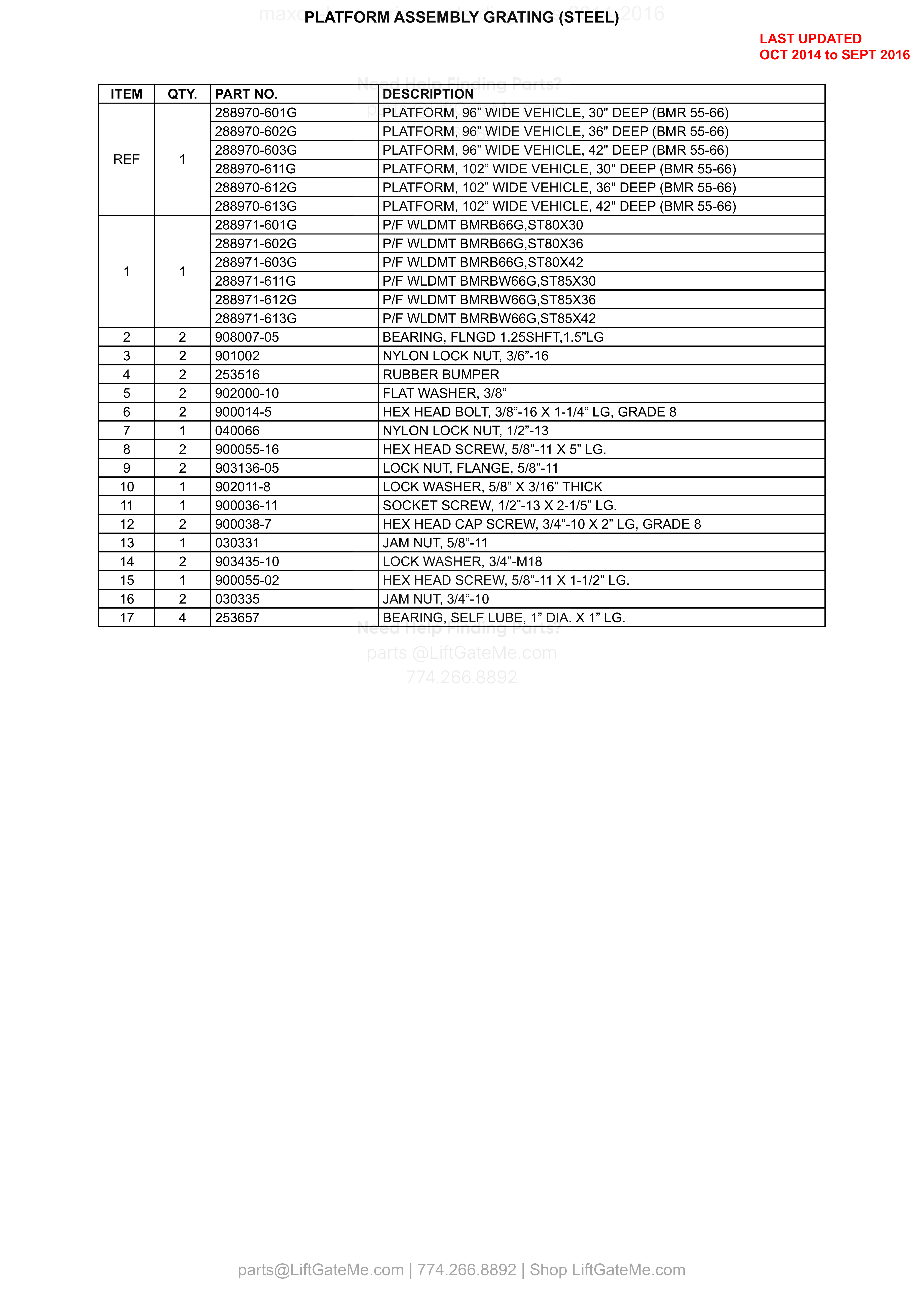Platform Assembly Grating (Steel) parts table