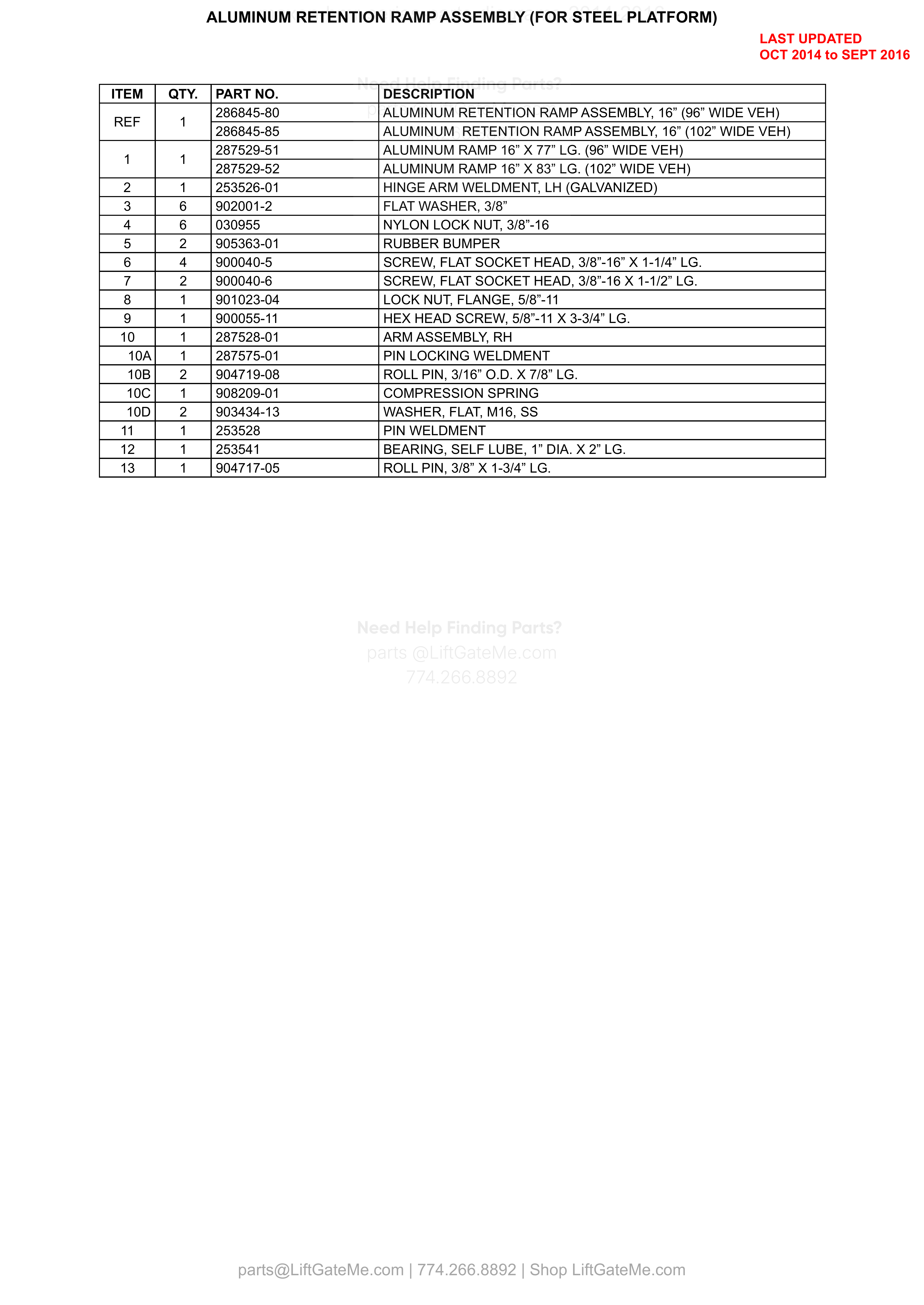 ALUMINUM RETENTION RAMP ASSEMBLY (FOR STEEL PLATFORM) parts table