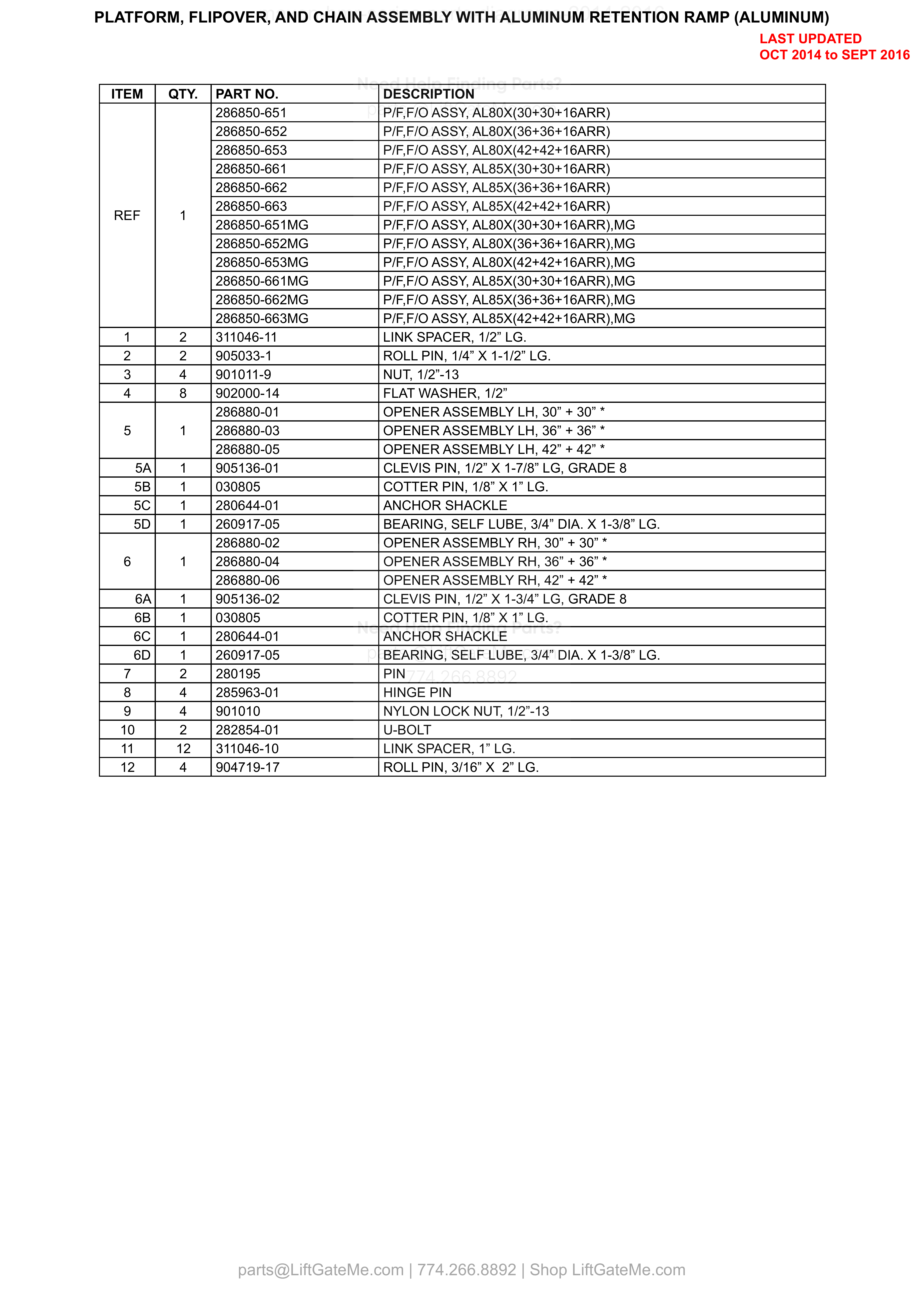 PLATFORM, FLIPOVER, AND CHAIN ASSEMBLY WITH ALUMINUM RETENTION RAMP (ALUMINUM) parts table
