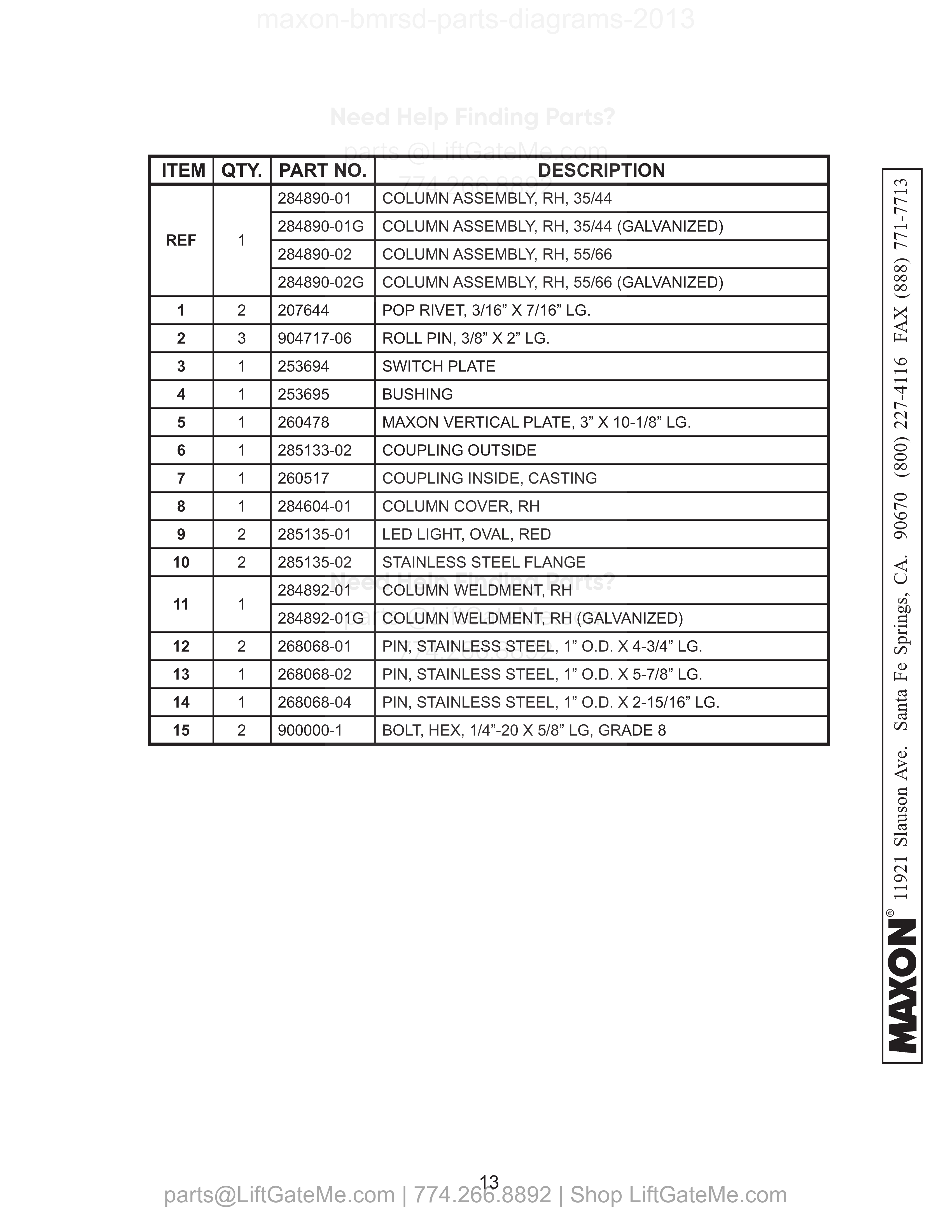 RH COLUMN ASSEMBLY parts table