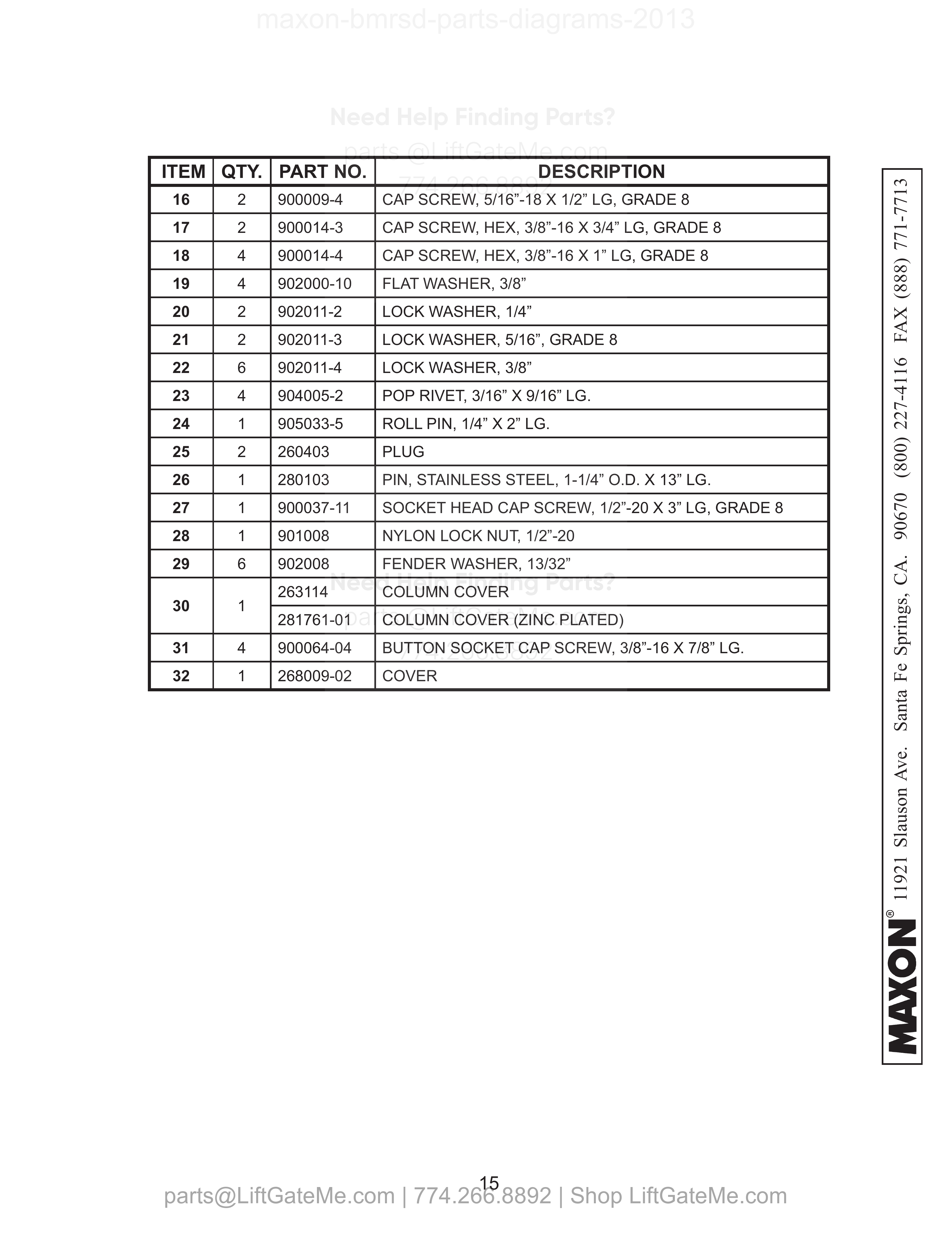RH COLUMN ASSEMBLY - Continued parts table
