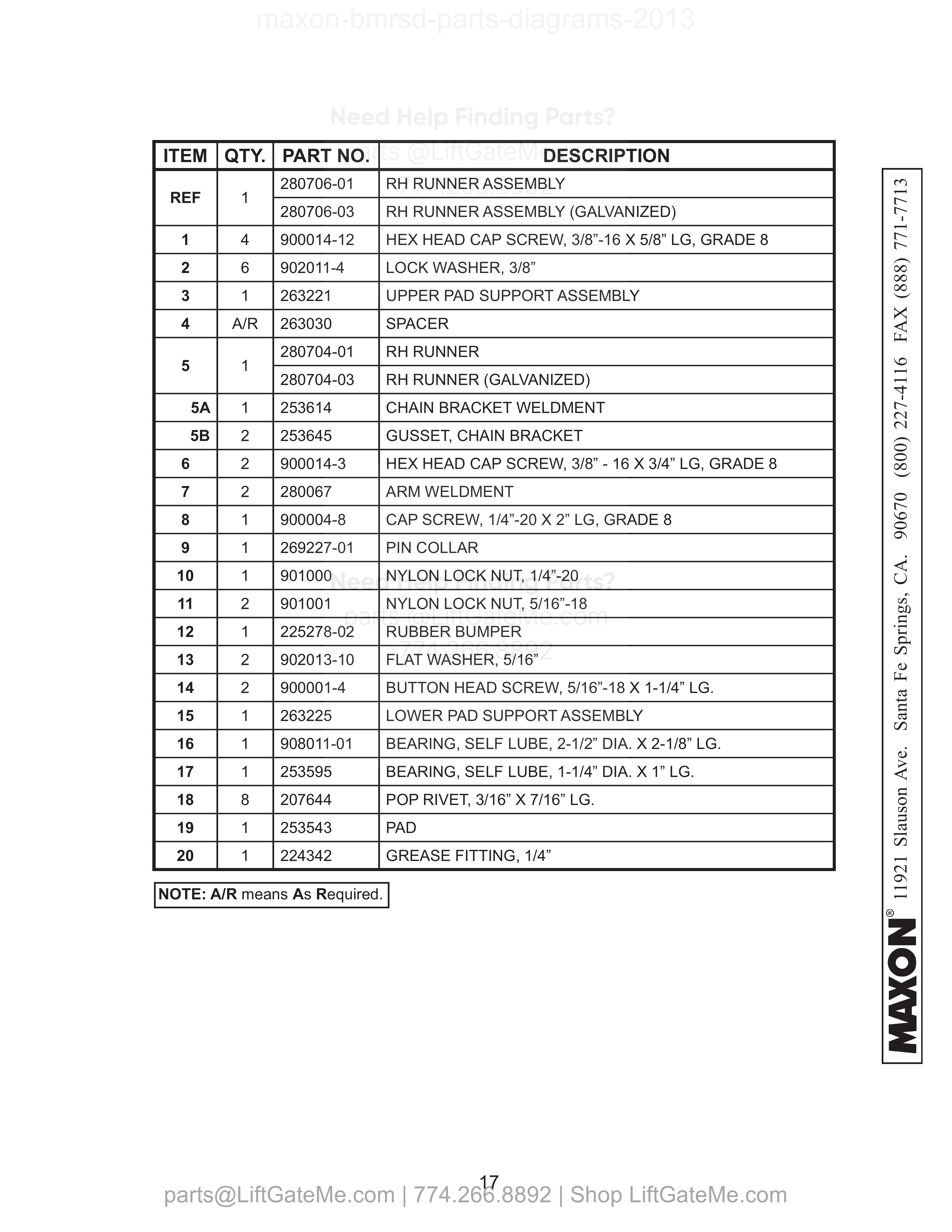 RH RUNNER ASSEMBLY parts table