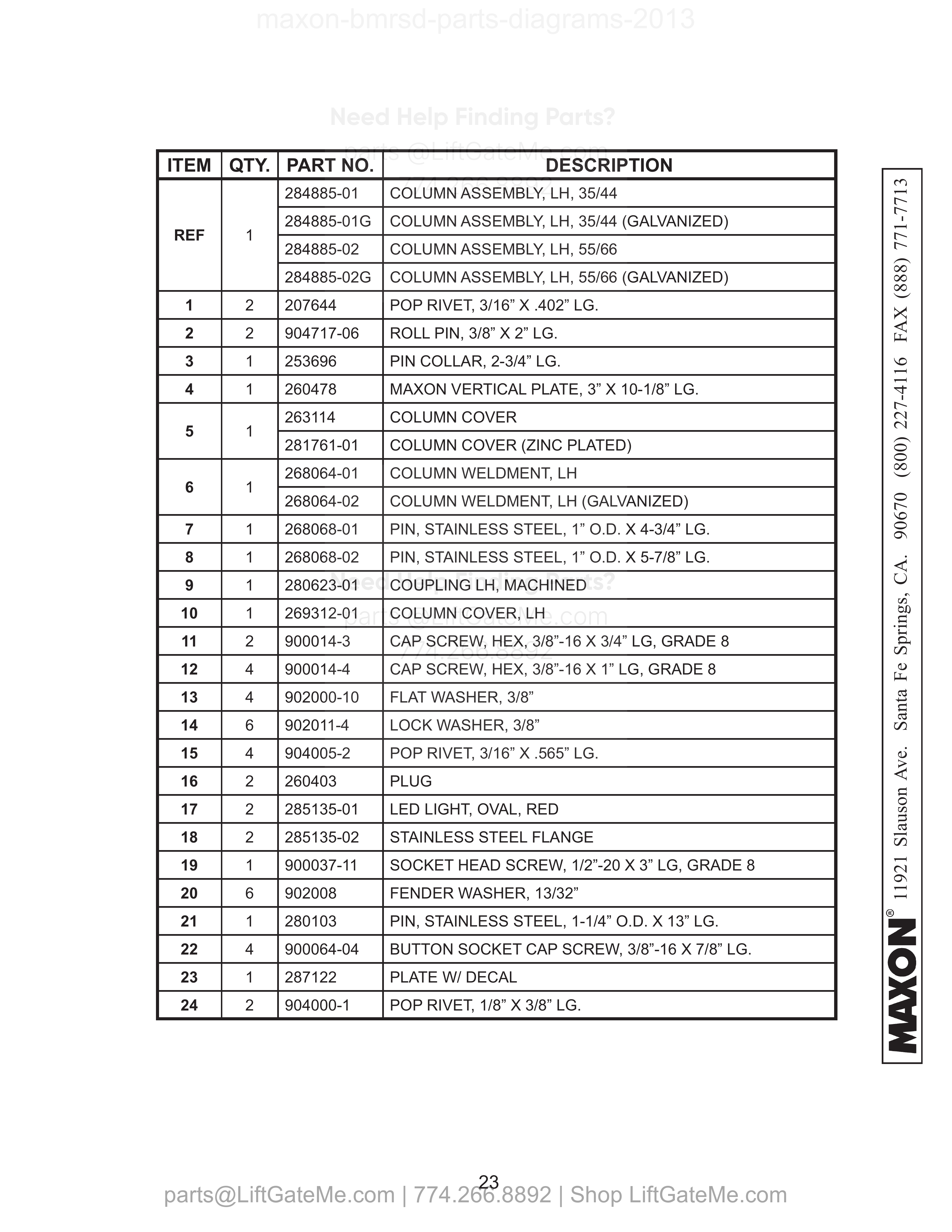 LH COLUMN ASSEMBLY parts table