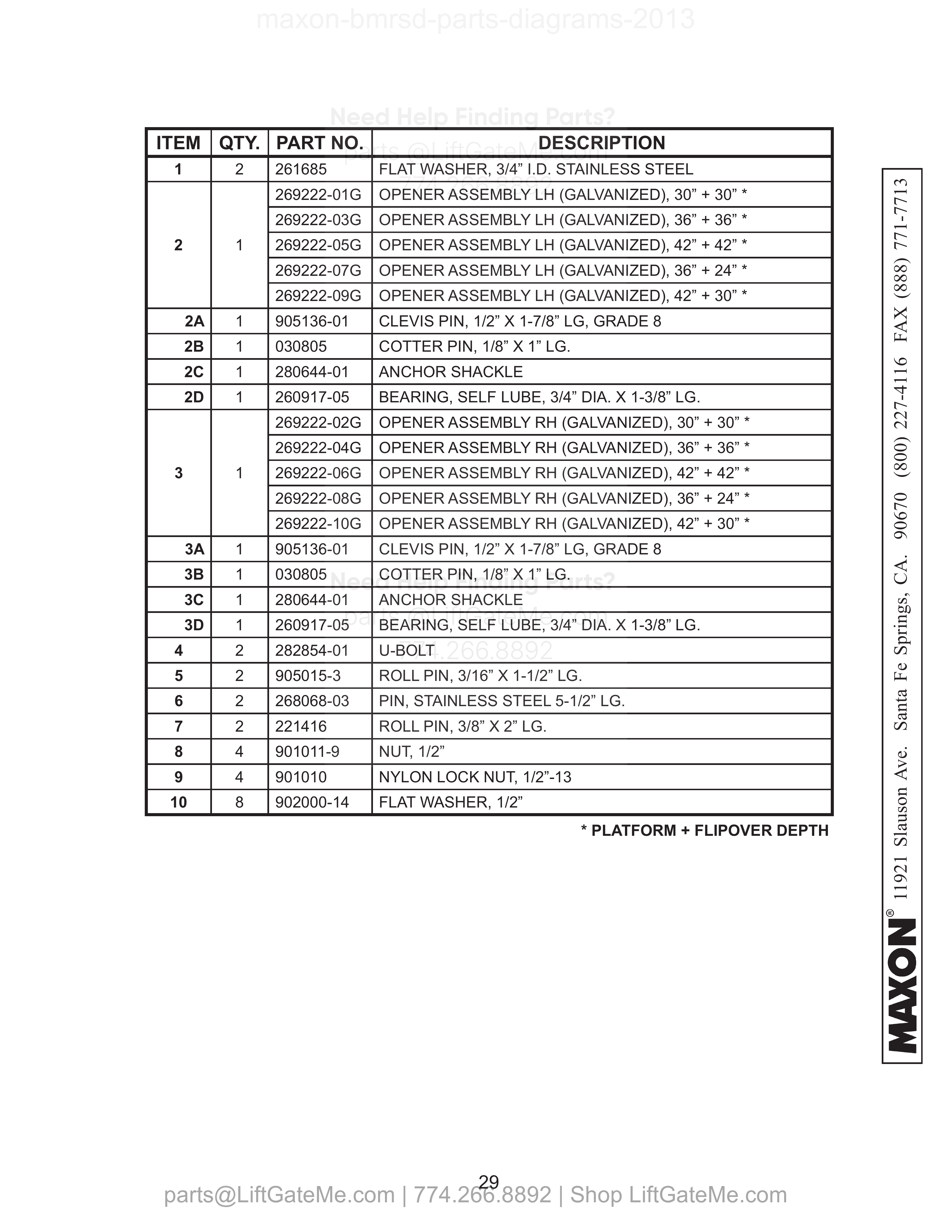 PLATFORM, FLIPOVER, AND CHAIN ASSEMBLY - 1 (STEEL) parts table