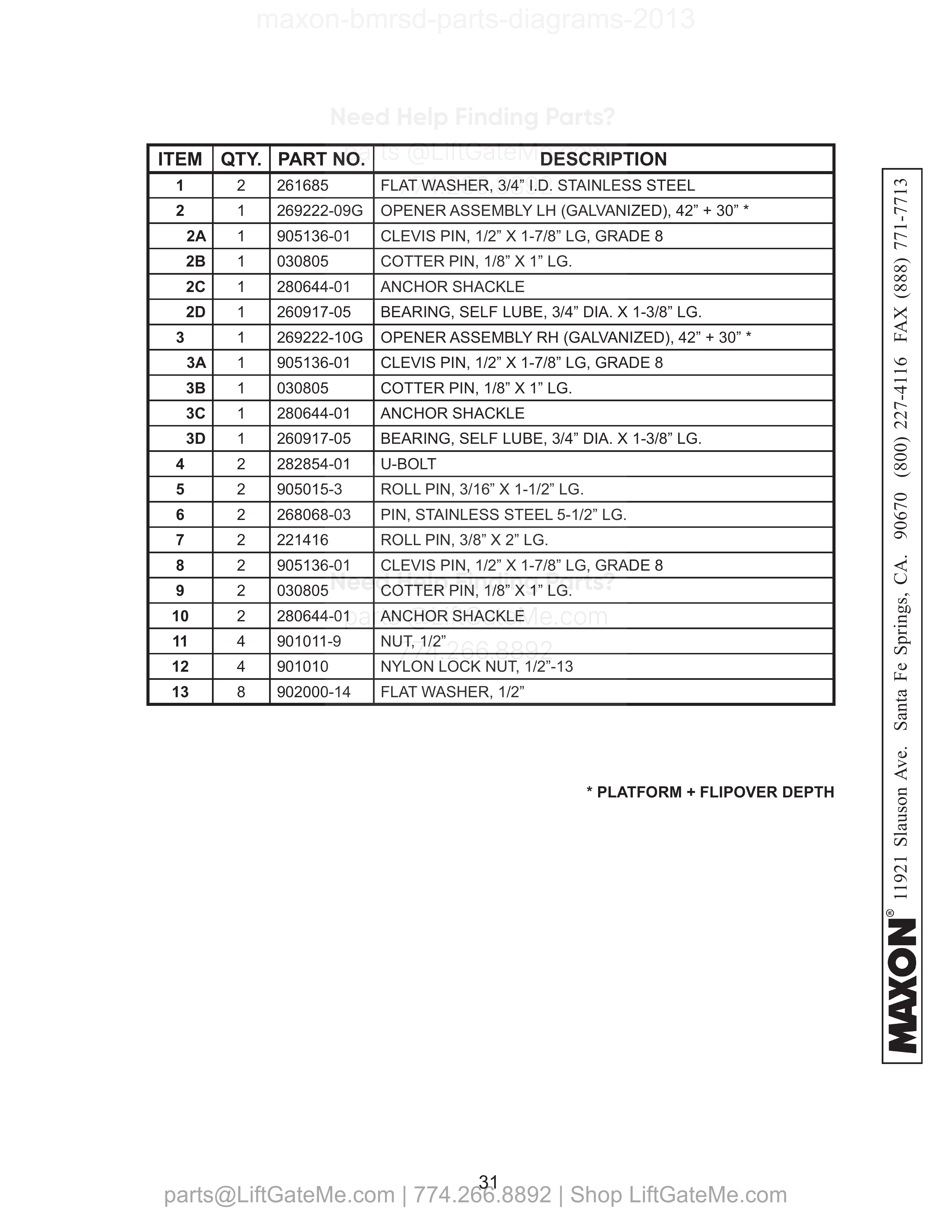 PLATFORM, FLIPOVER, AND CHAIN ASSEMBLY - 2 (STEEL) parts table
