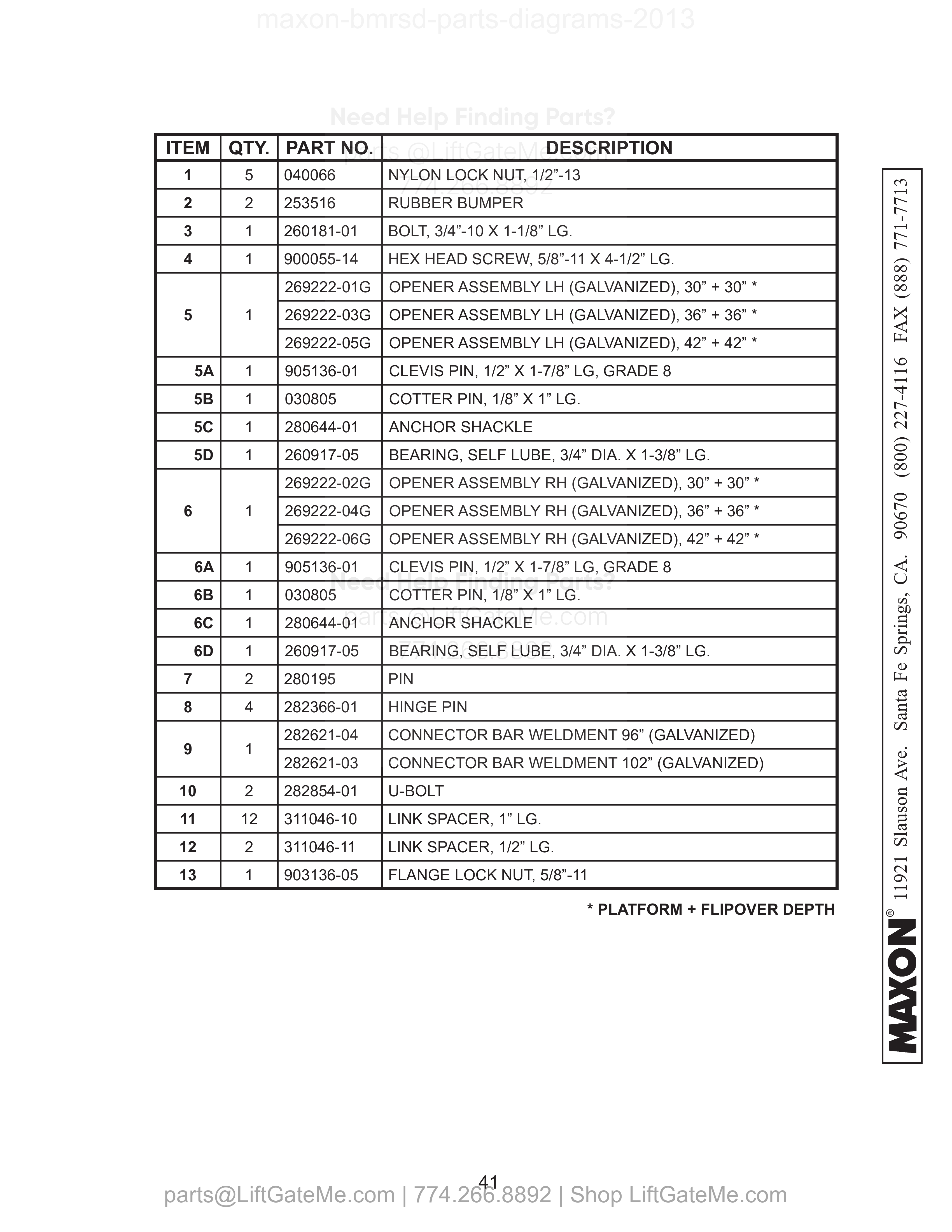 PLATFORM, FLIPOVER, AND CHAIN ASSEMBLY - 1 (ALUMINUM) parts table
