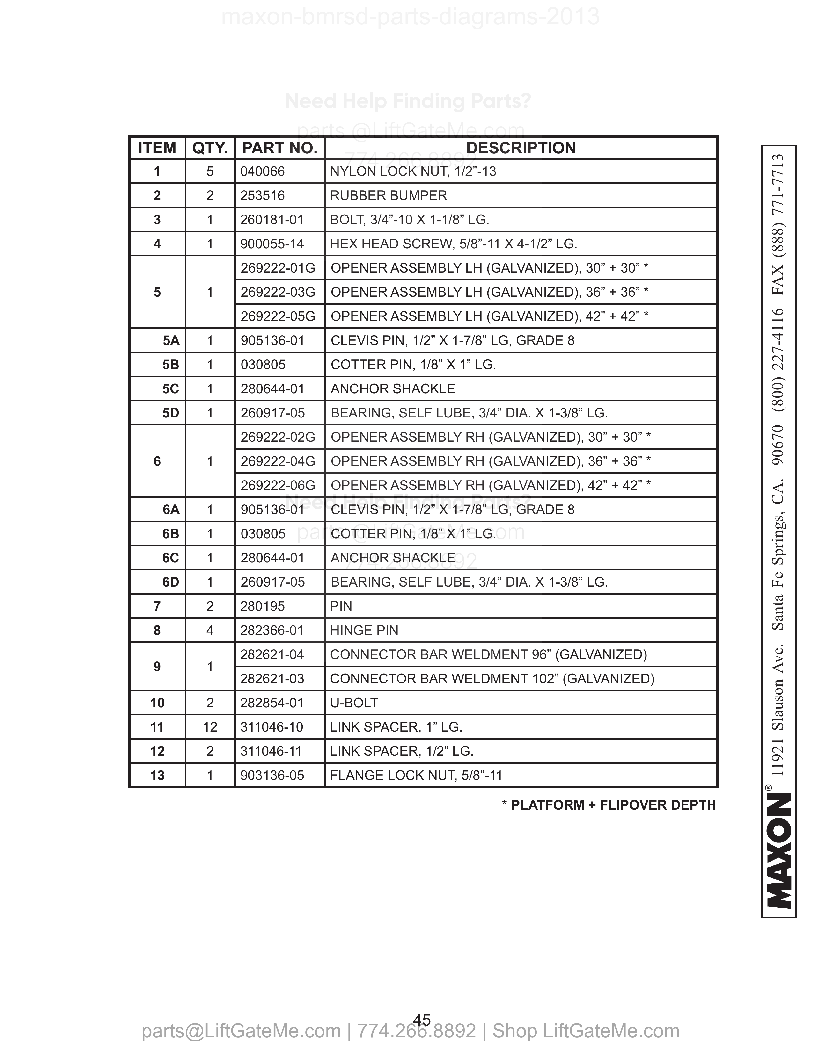 PLATFORM, FLIPOVER, AND CHAIN ASSEMBLY - 2 (ALUMINUM) parts table