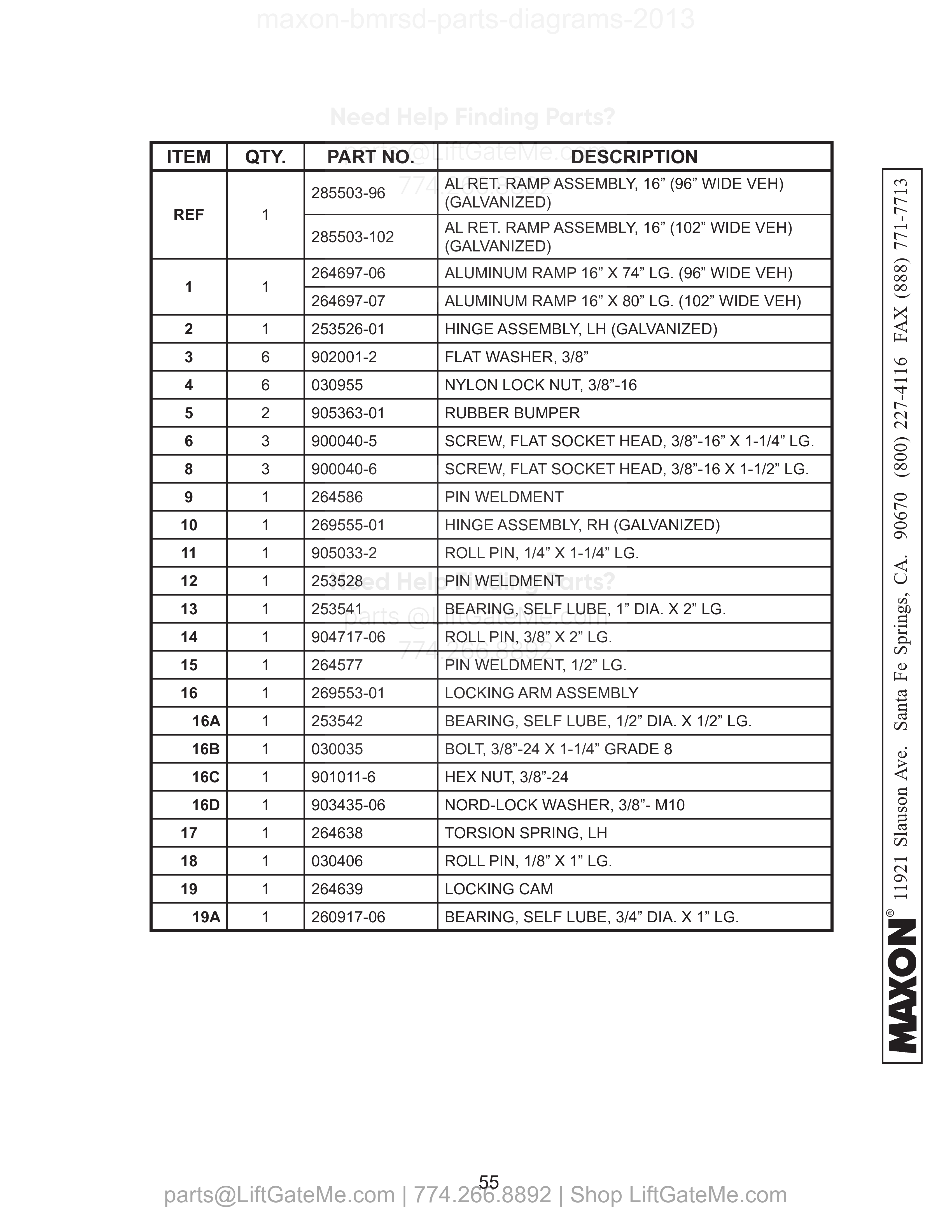 ALUMINUM RETENTION RAMP ASSEMBLY (FOR ALUMINUM PLATFORM) parts table
