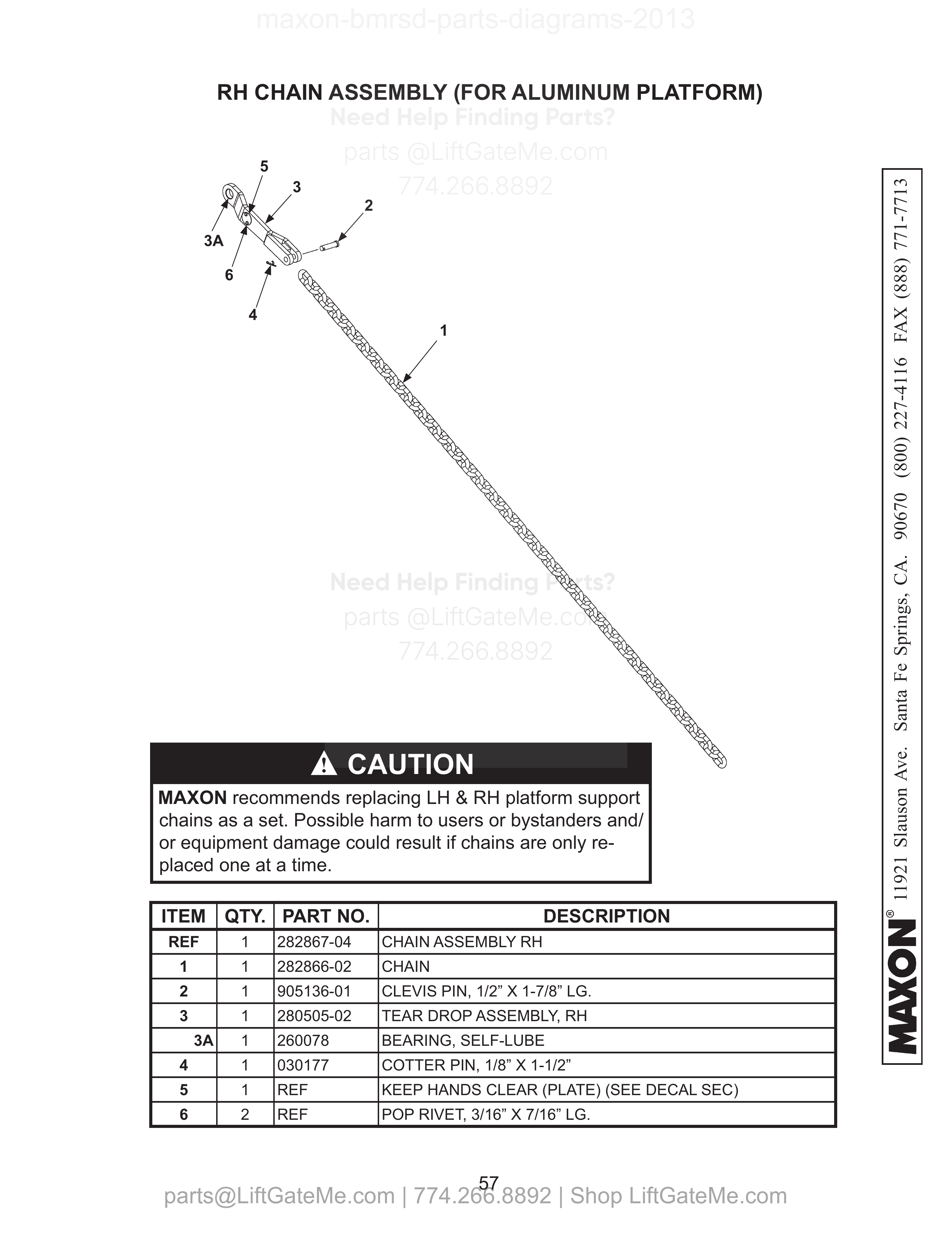 RH CHAIN ASSEMBLY (FOR ALUMINUM PLATFORM) diagram