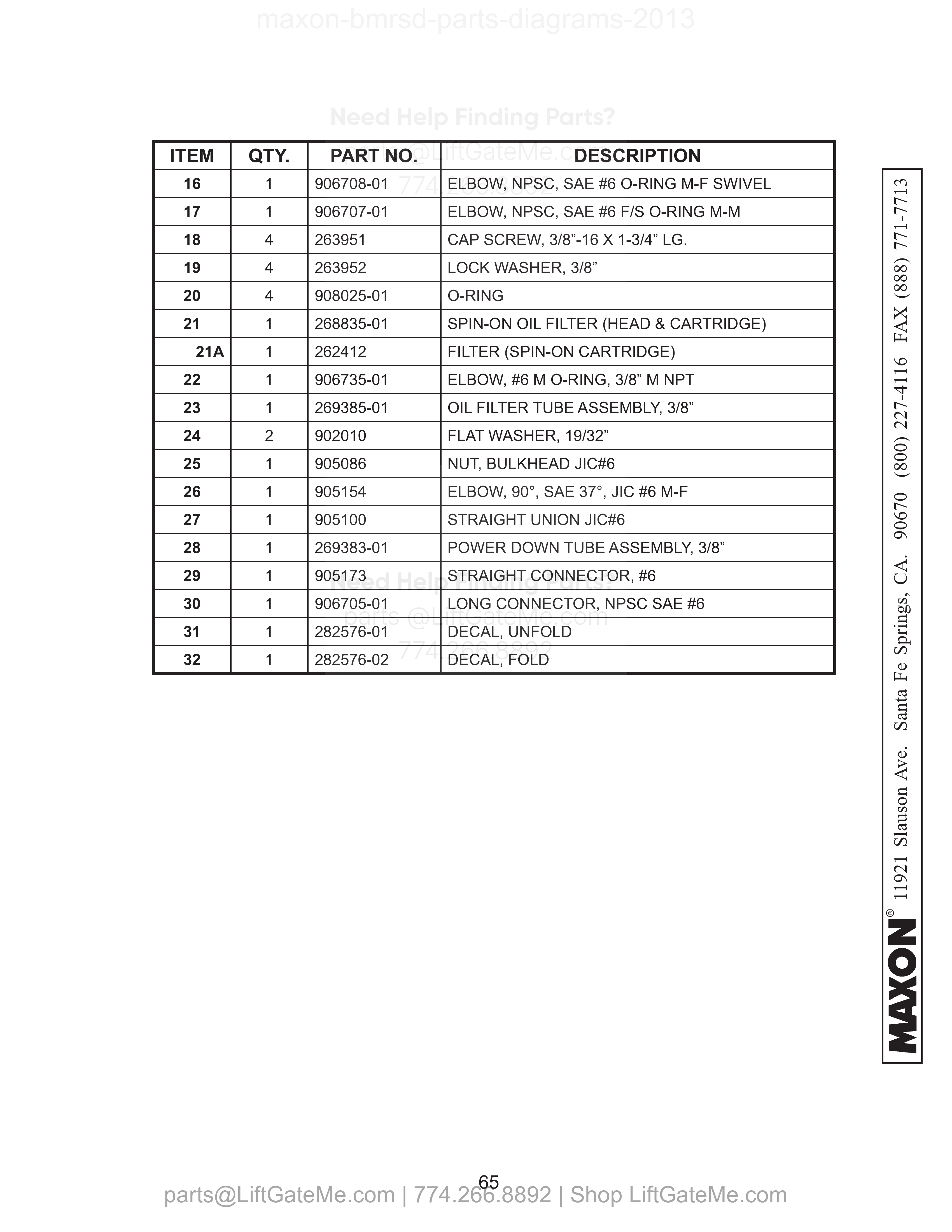 SINGLE PUMP ASSEMBLY - Continued parts table