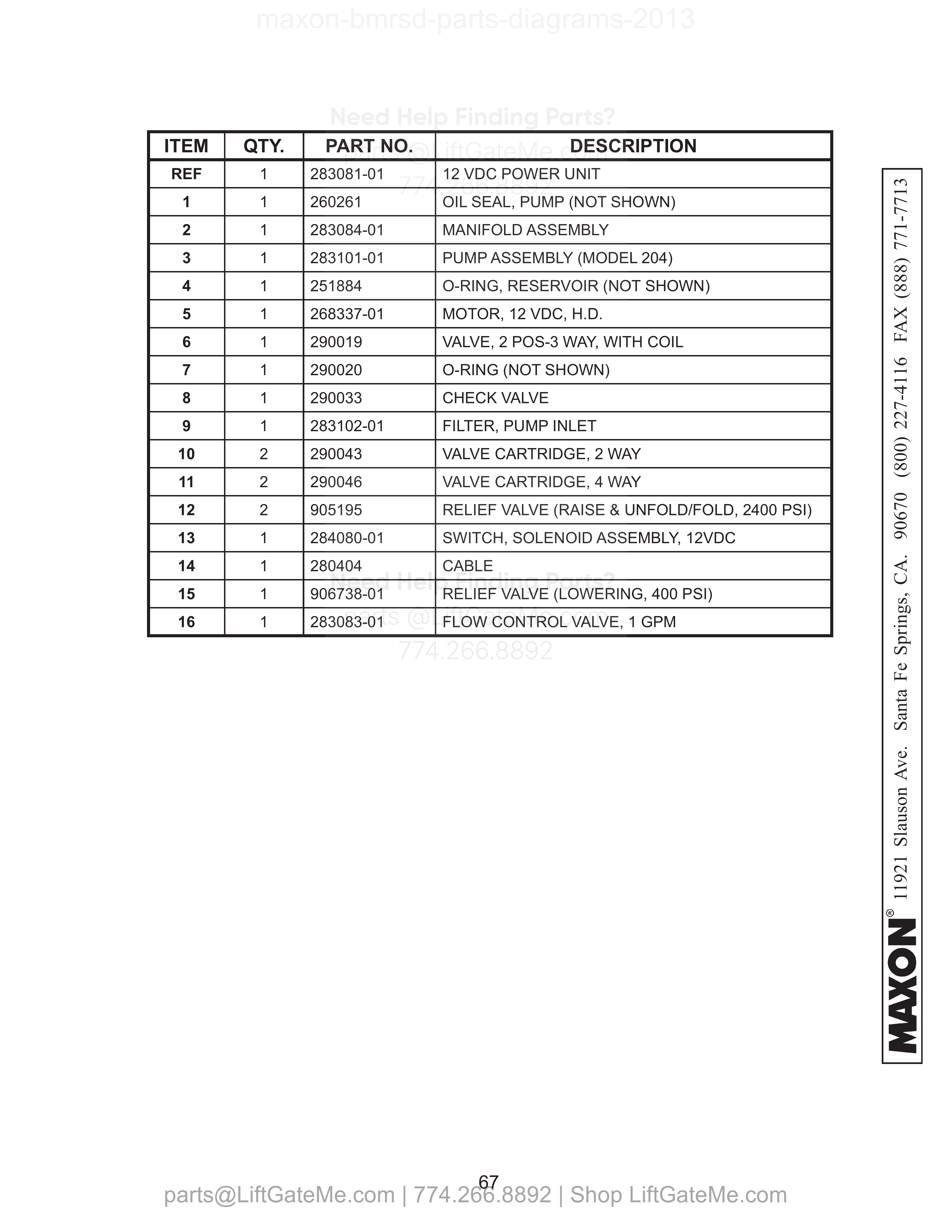 12 VDC POWER UNIT parts table