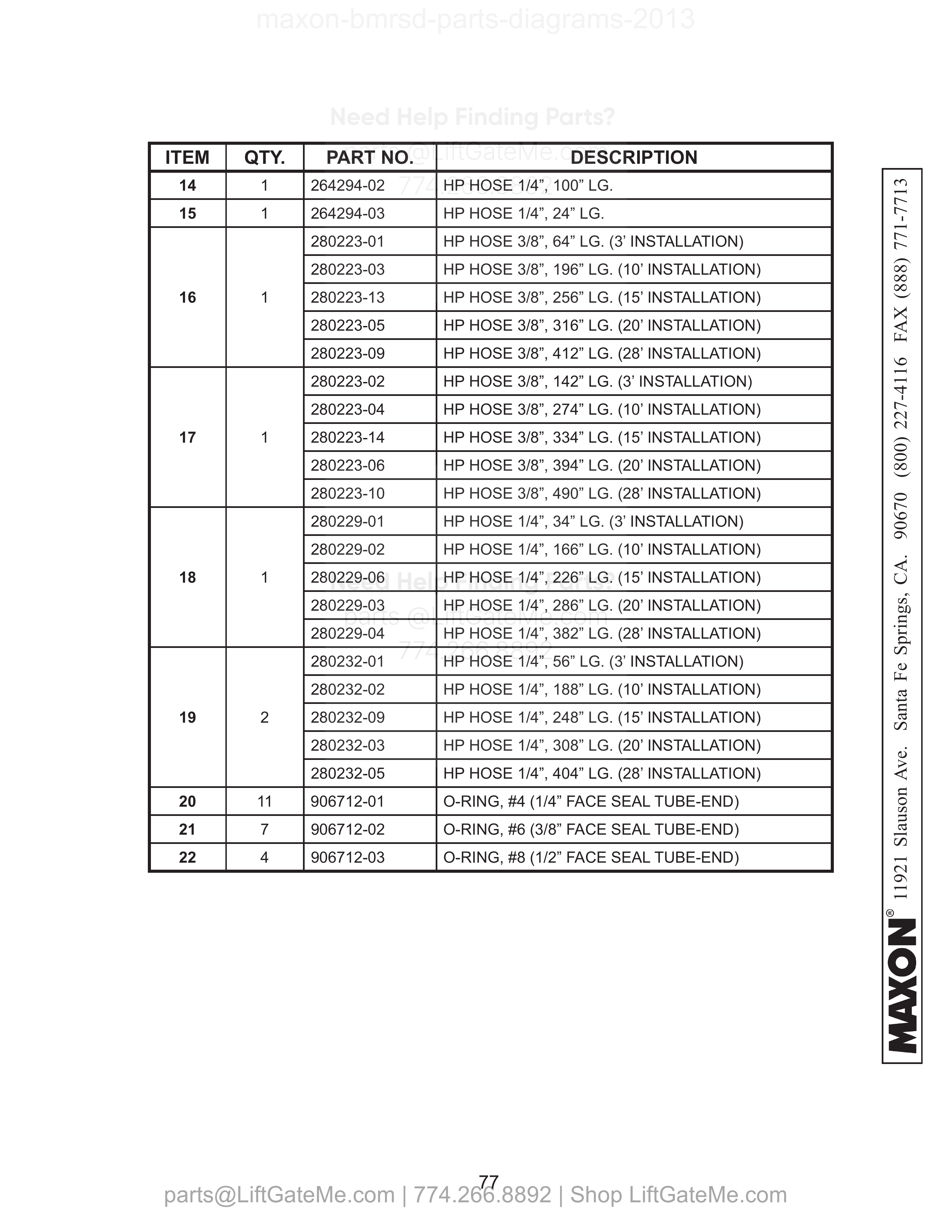 HYDRAULIC COMPONENTS - Continued parts table