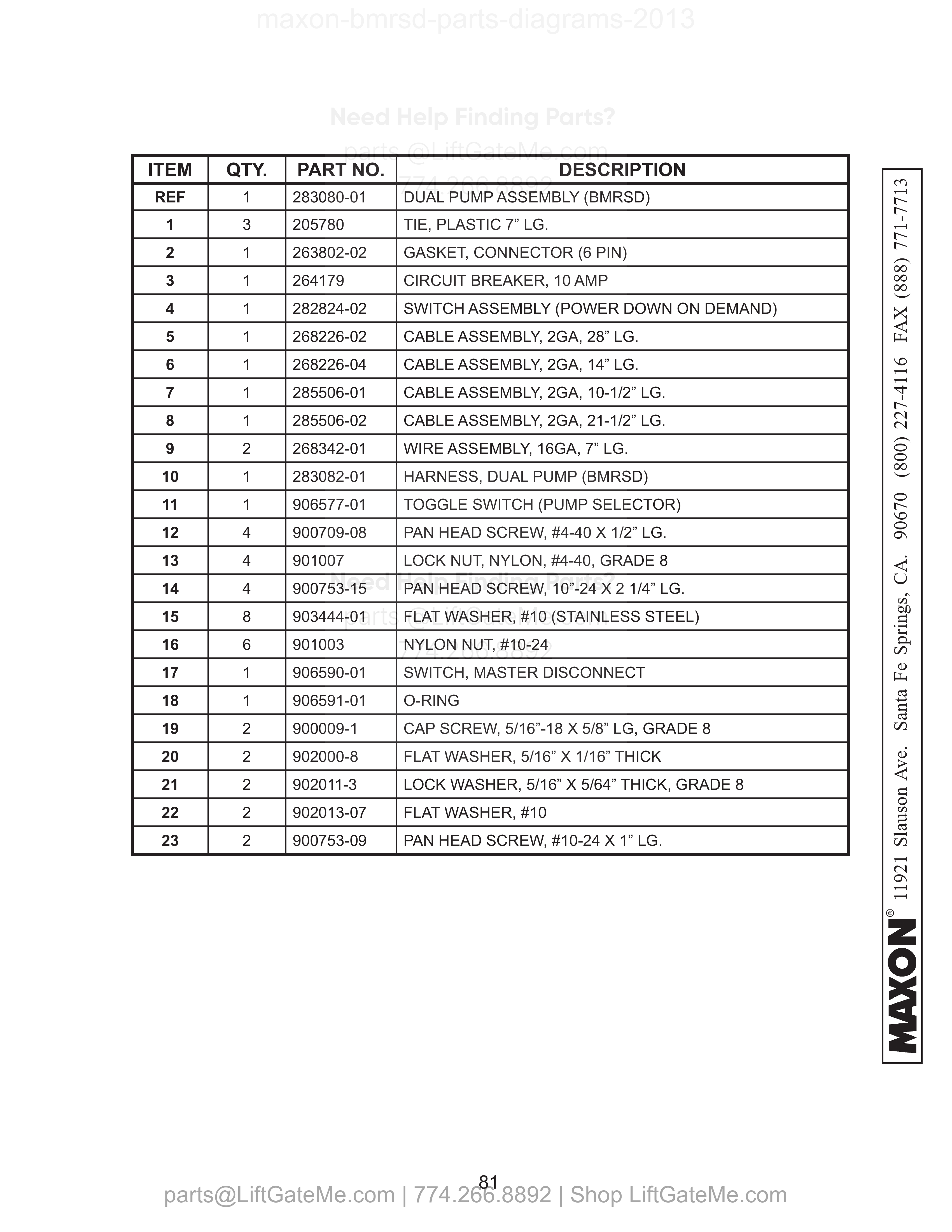 Electrical Components - Dual Pump Box parts table
