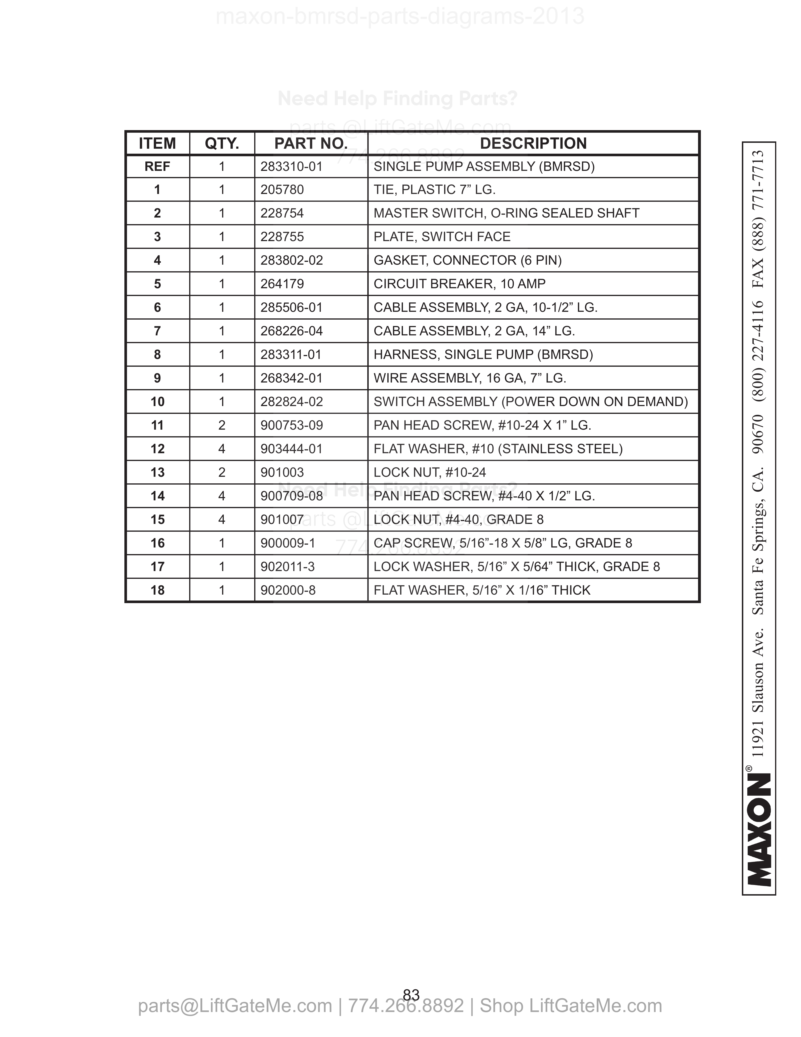 Electrical Components - Single Pump Box parts table
