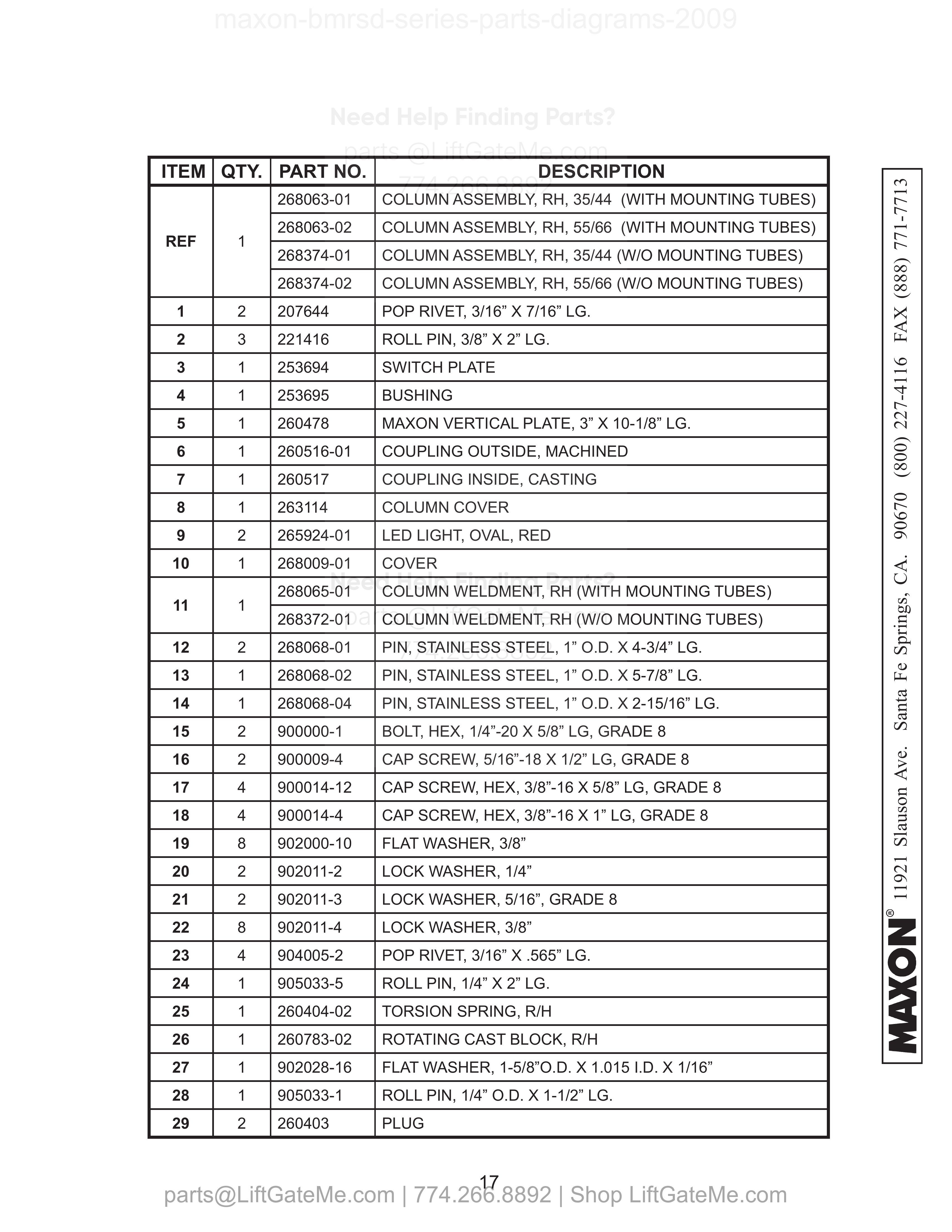 RH COLUMN ASSEMBLY parts table