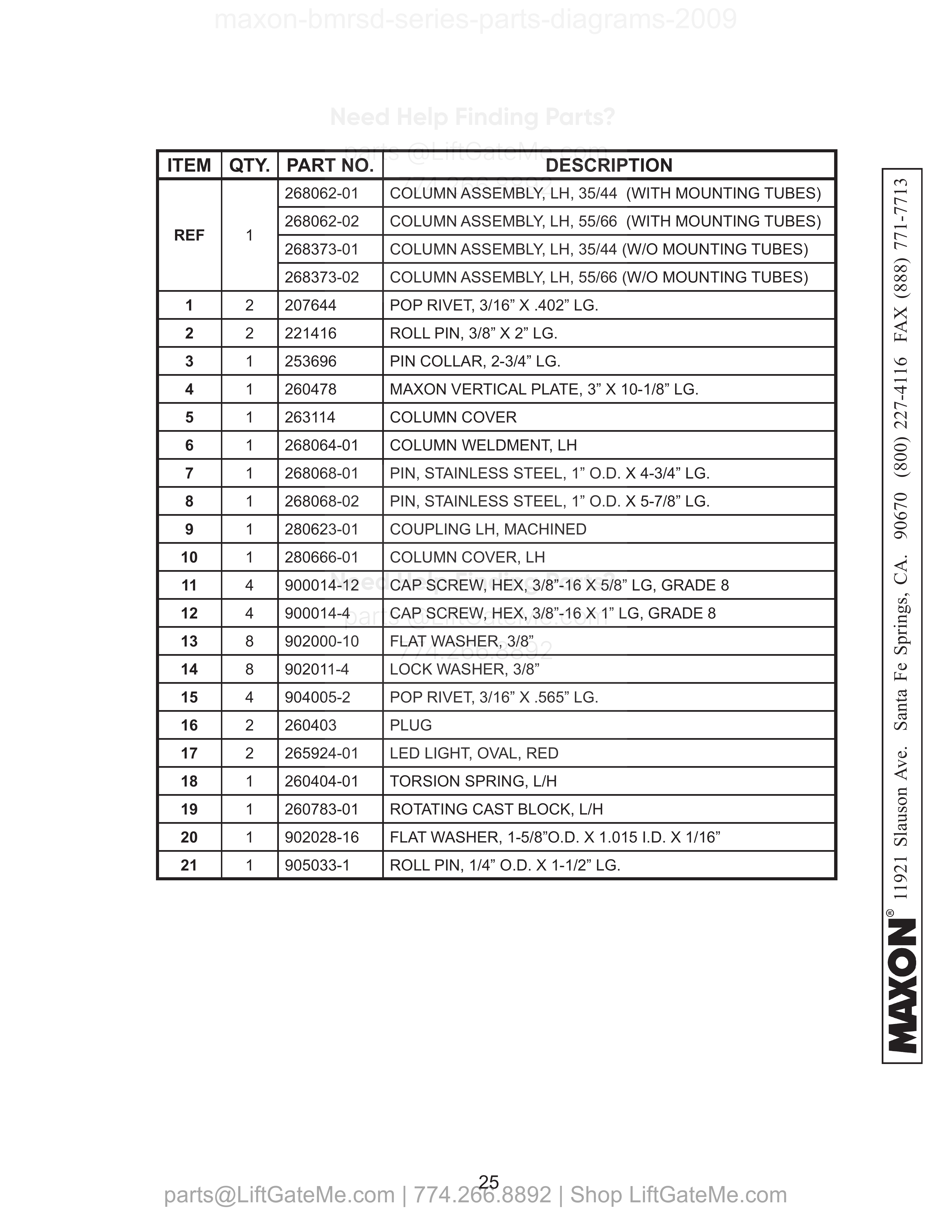 LH COLUMN ASSEMBLY parts table