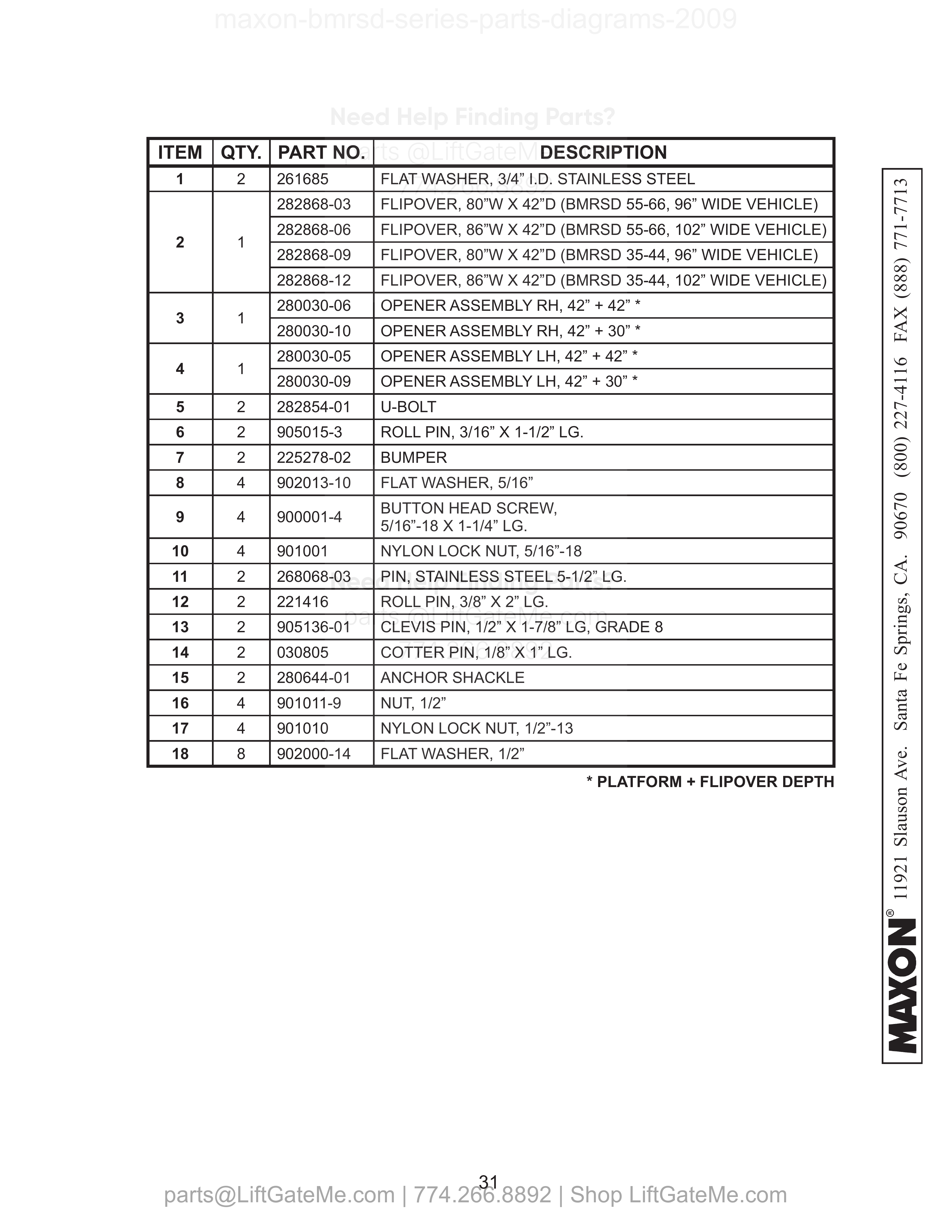 PLATFORM, FLIPOVER, AND CHAIN ASSEMBLY - 1 (STEEL) parts table