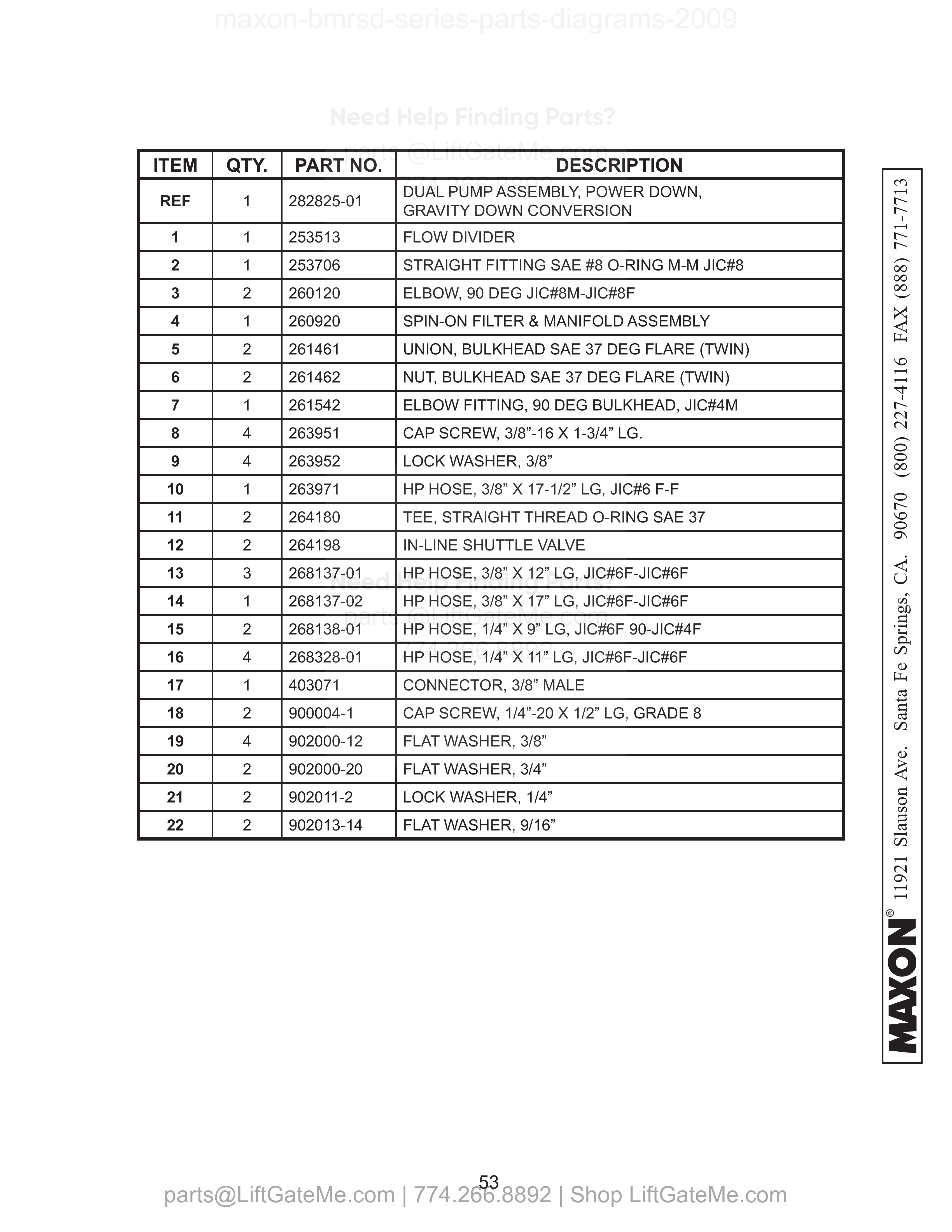 DUAL PUMP ASSEMBLY (POWER DOWN) parts table