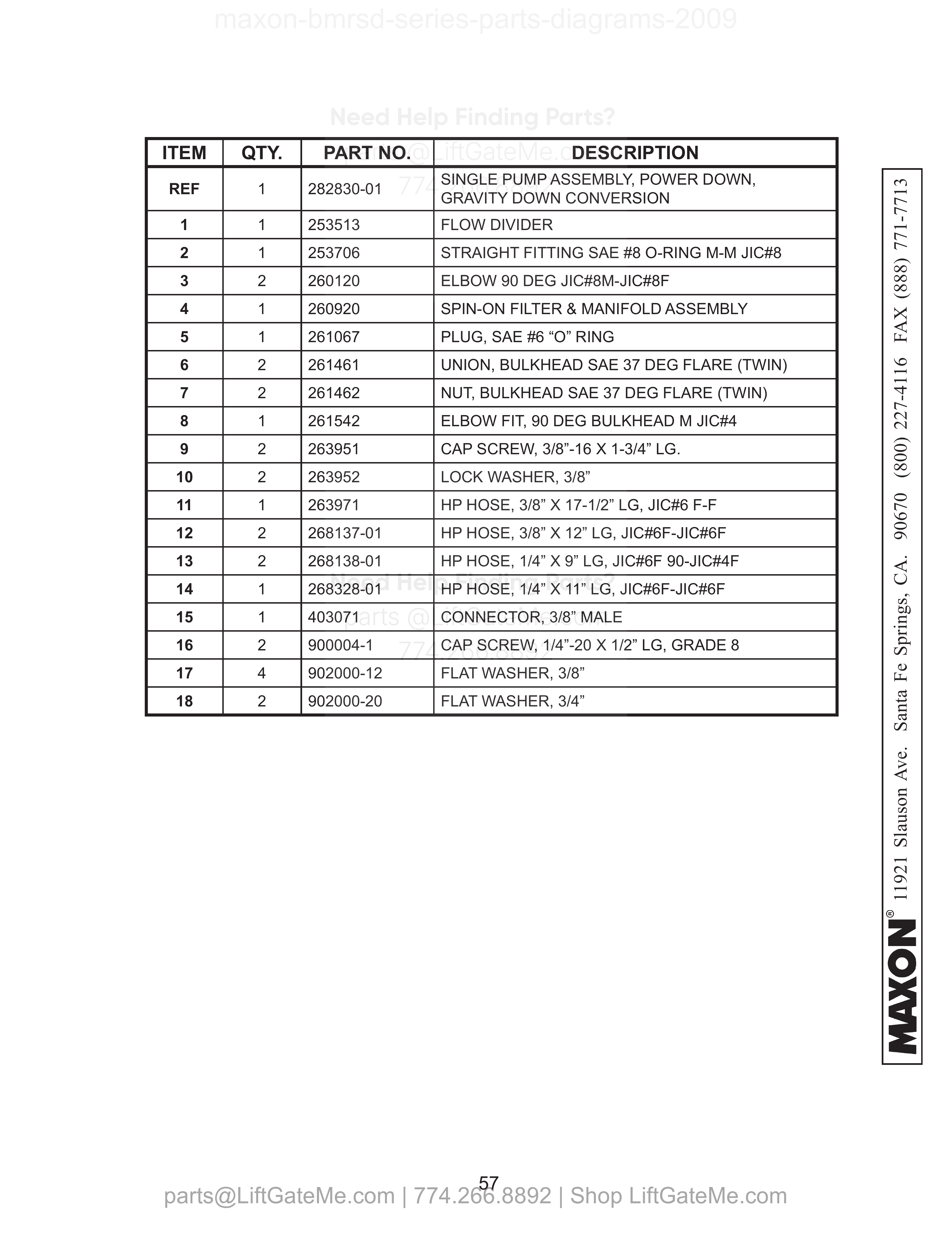 SINGLE PUMP ASSEMBLY (POWER DOWN) parts table