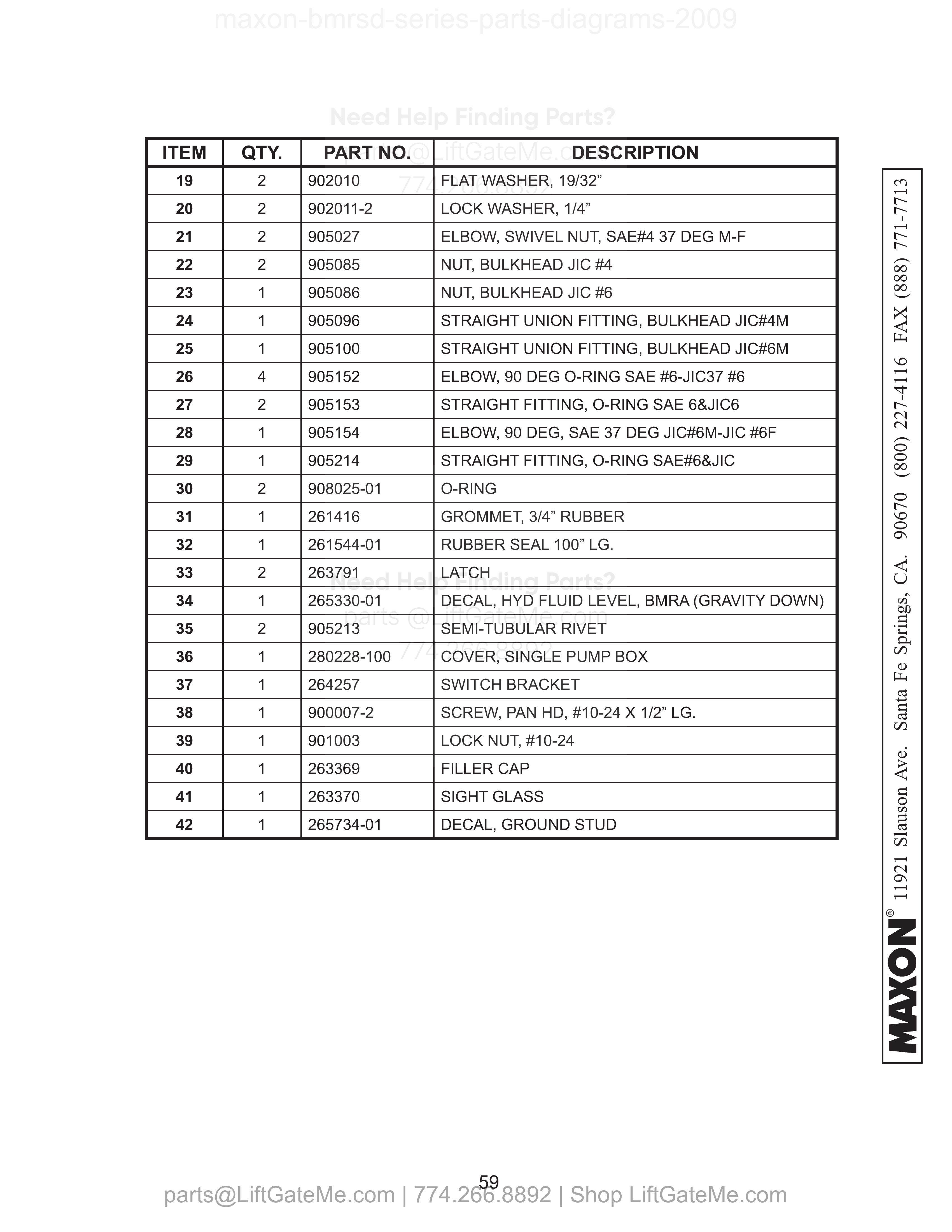SINGLE PUMP ASSEMBLY (POWER DOWN) - Continued parts table