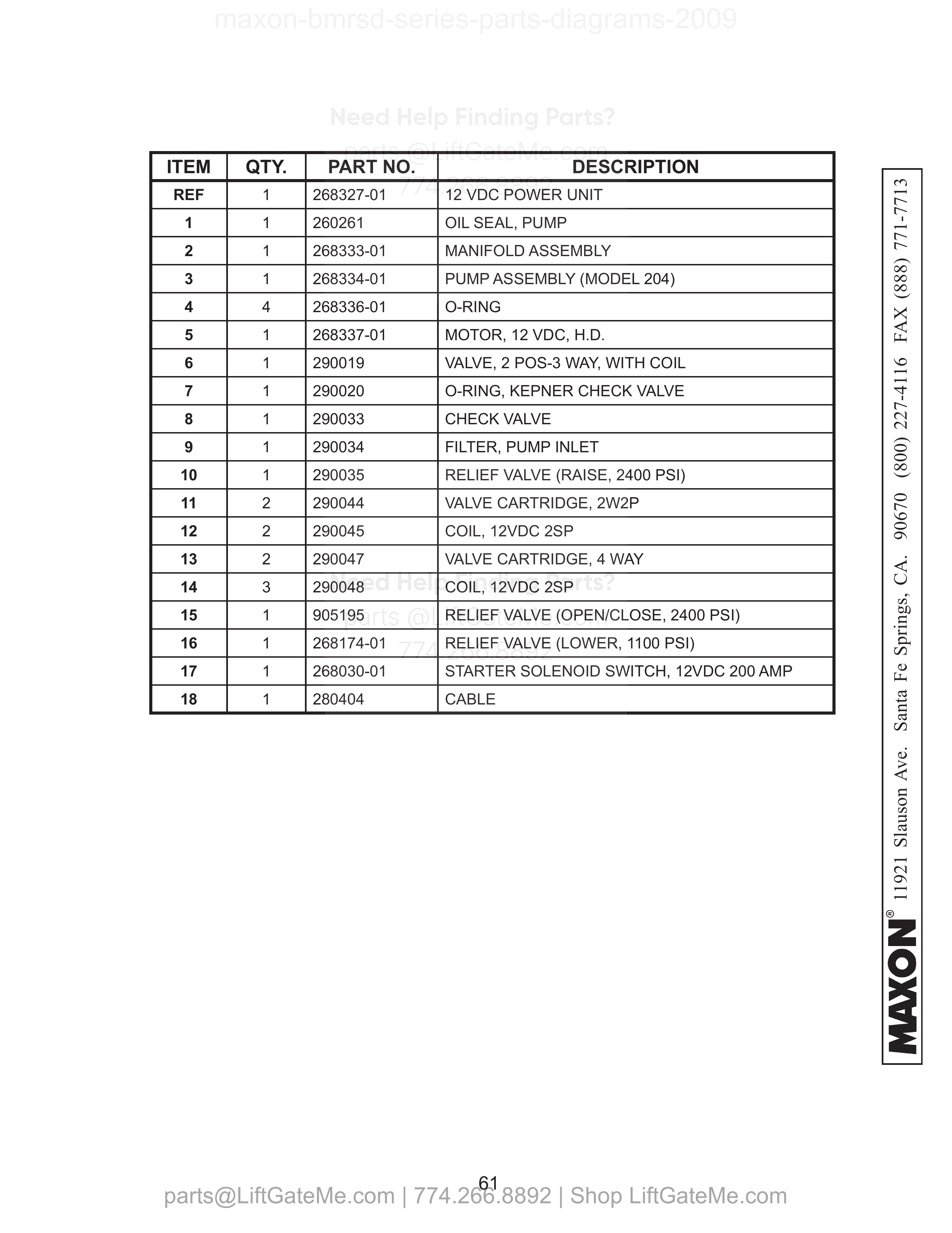 PUMP/MOTOR (POWER DOWN) parts table