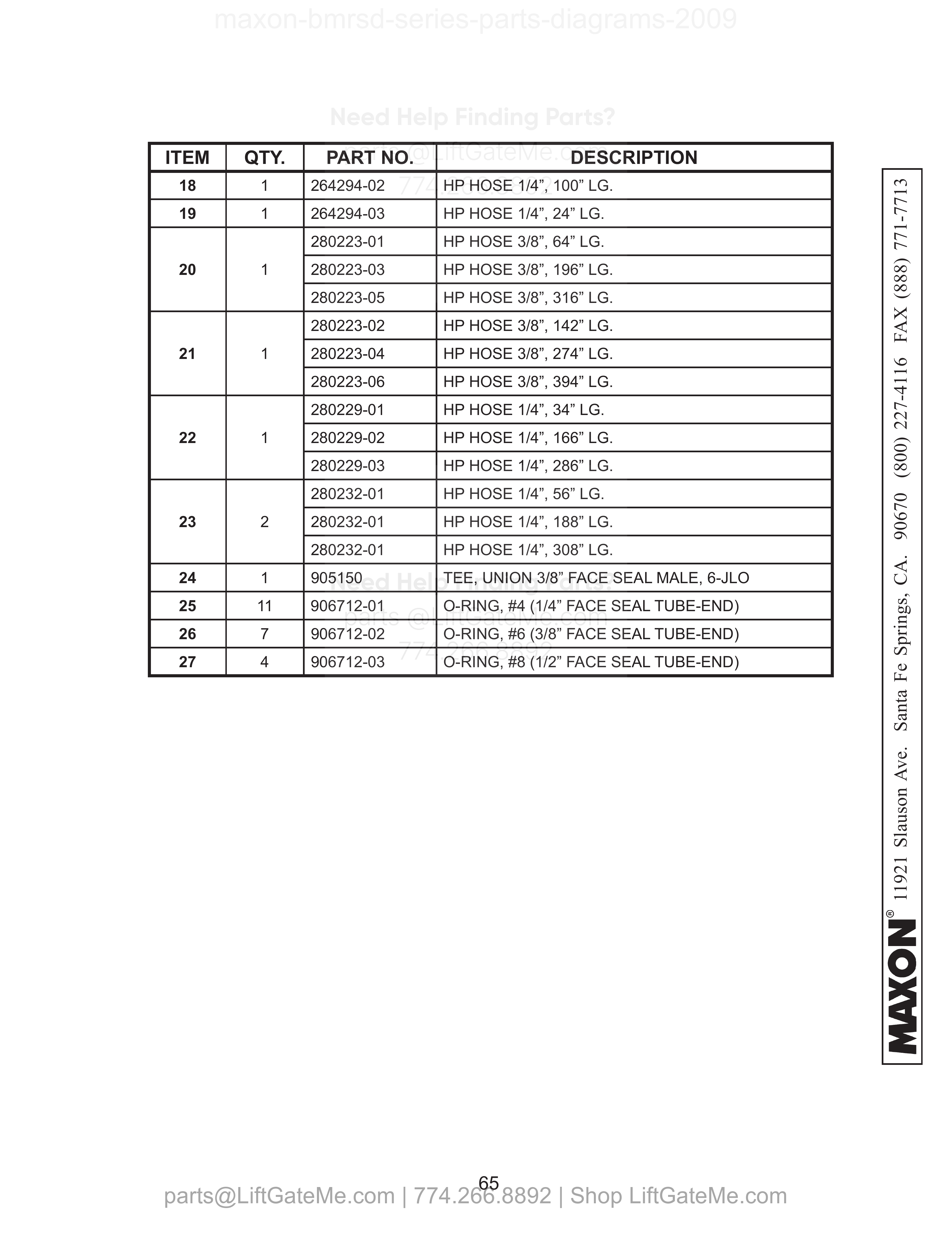 HYDRAULIC COMPONENTS (POWER DOWN) - Continued parts table