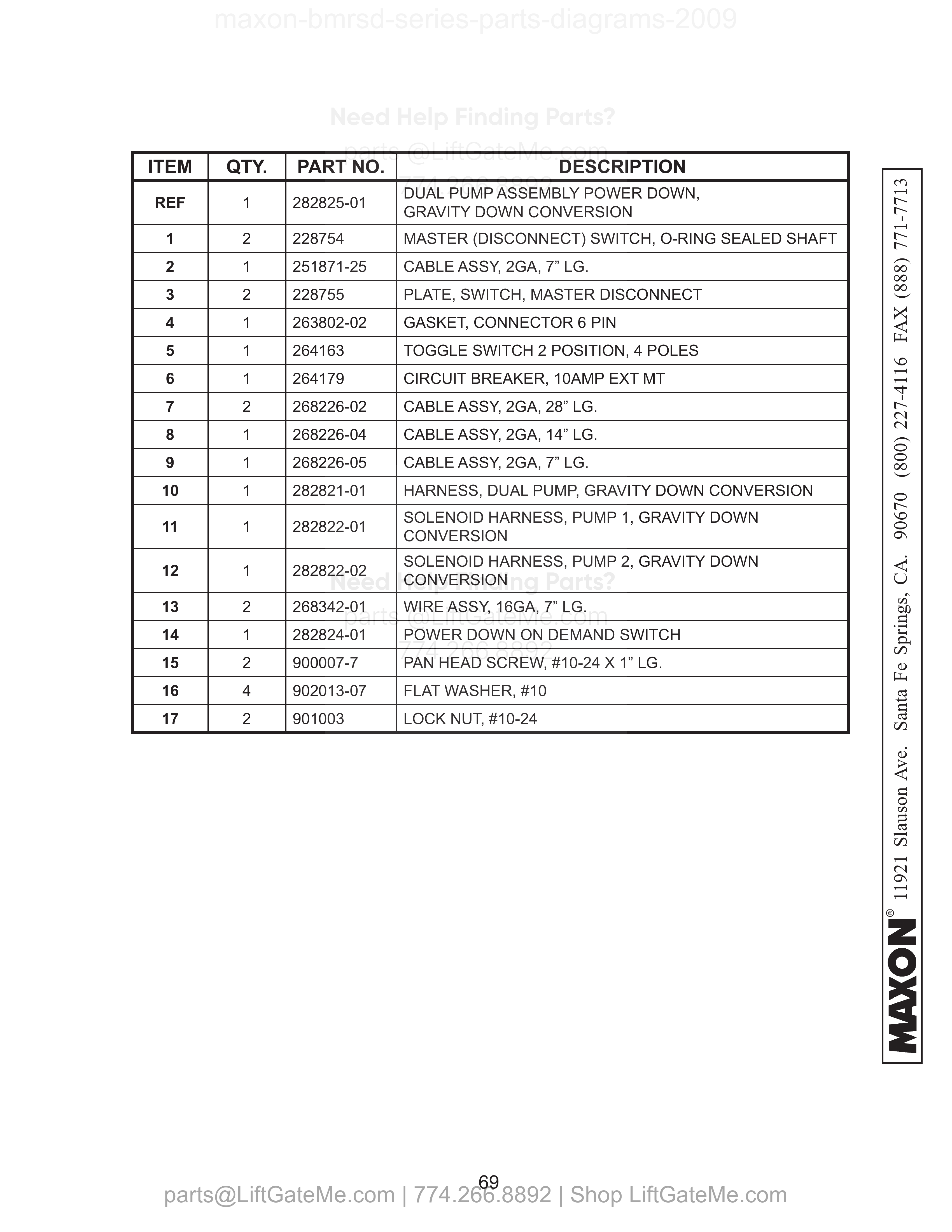 Electrical Components - Dual Pump Box parts table