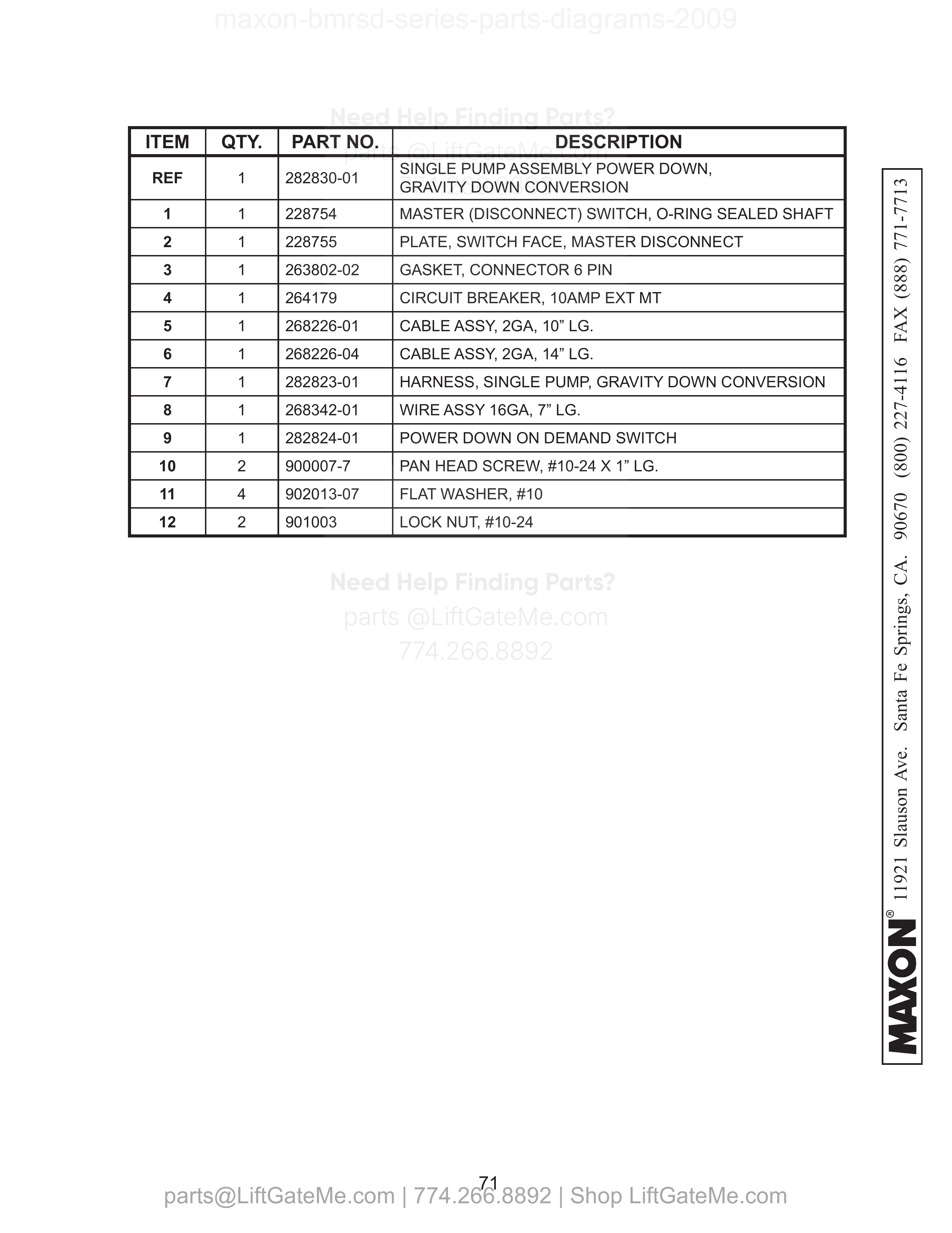 Electrical Components - Single Pump Box parts table