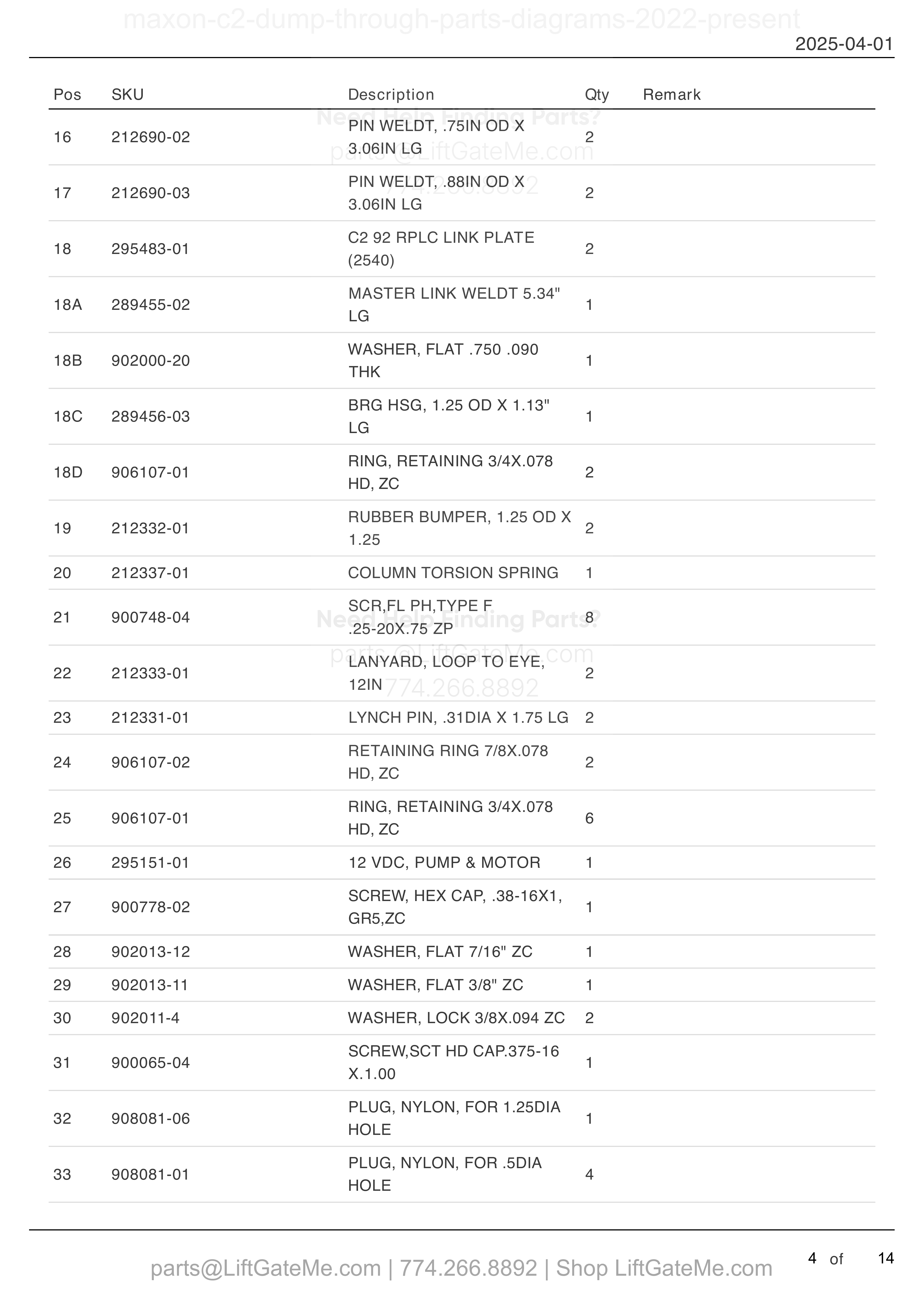 C2 DUMP THROUGH - FINAL ASSEMBLY (continued) parts table